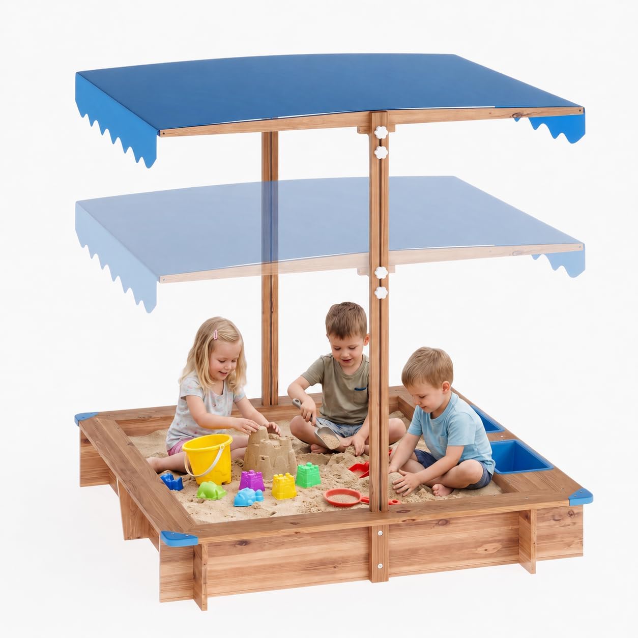 IdealHouse - Kids Wooden Sandbox with Adjustable Canopy Cover 47.2 x 47.2 in 2 Storage Bins Corne...