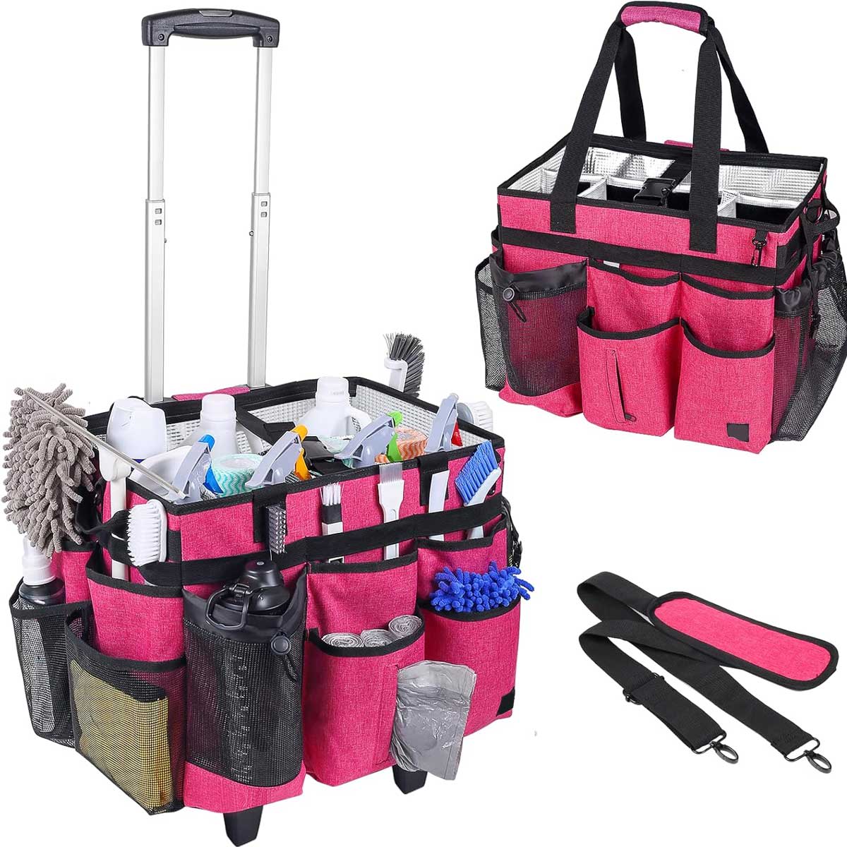 Aoibox LABKS2931 Extra Large Rolling Cleaning Caddy Bag with Detachable Foldable Trolley Portable Cleaning Cart for Housekeeping
