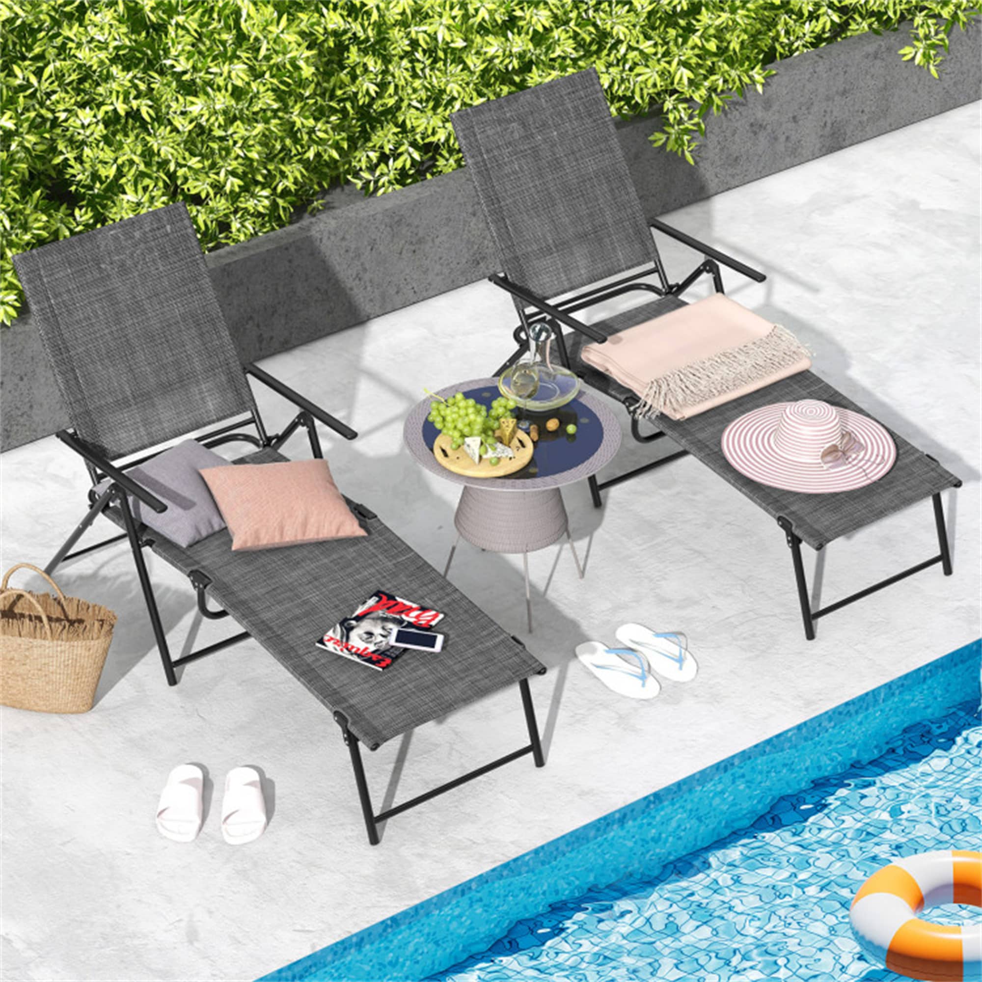 Gray Metal and Fabric Folding Outdoor Chaise Lounge Chairs with Adjustable Backrest