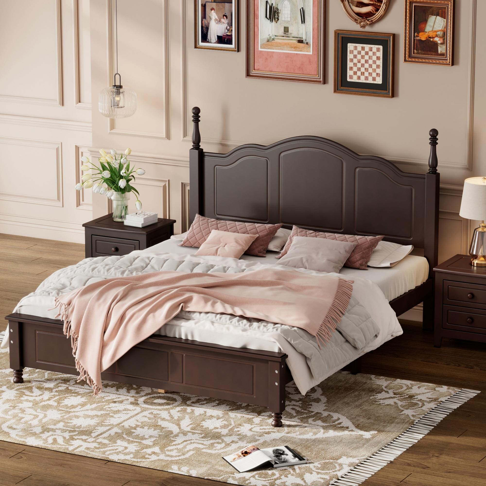 Bayfeve BF-308185D-IN Wood Platform Bed Frame Dark Walnut Queen Wood Platform Bed
