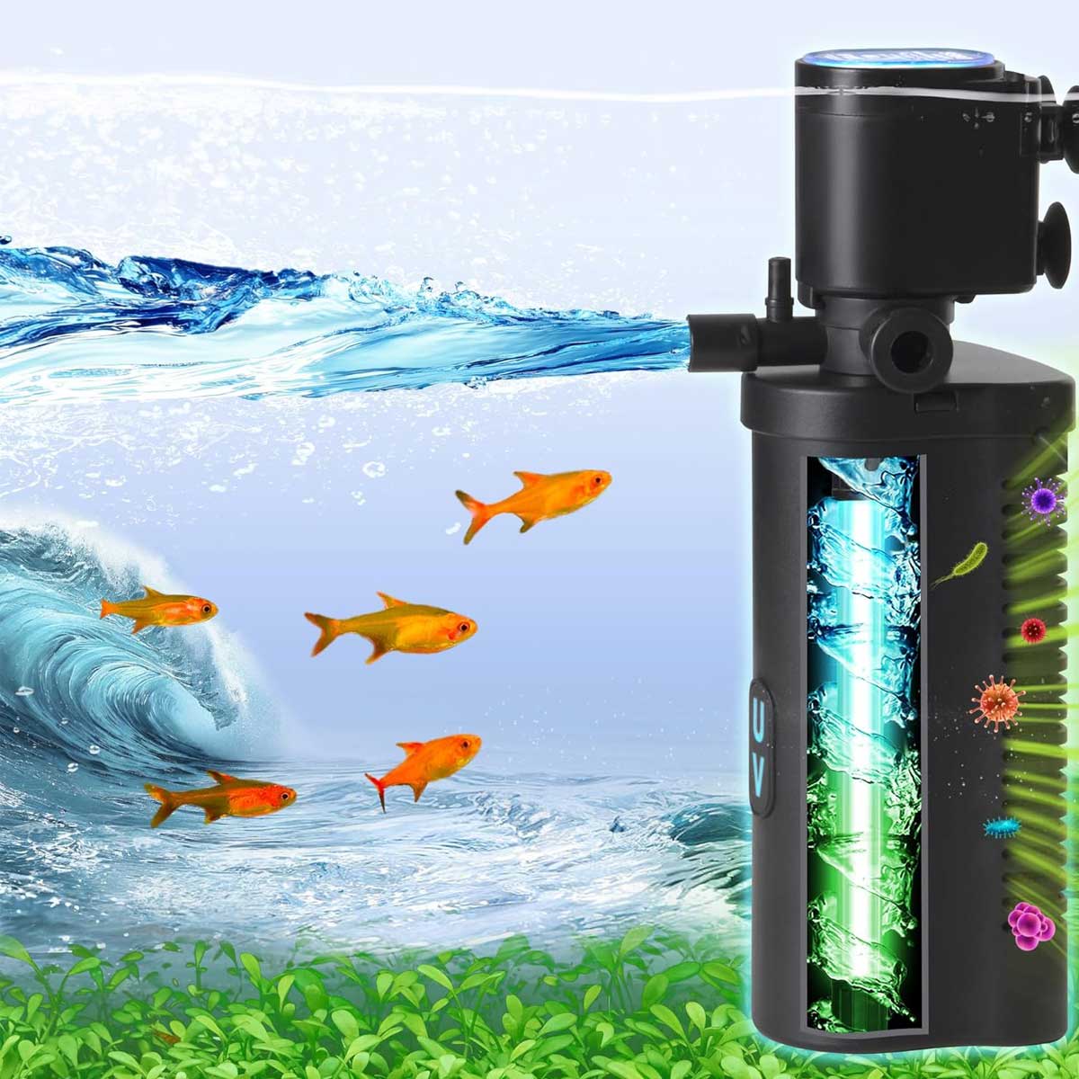 Aoibox LAAF0917013 Aquarium Filter for 10-45 Gallon Tanks 158GPH Submersible Pump with UV Light for Green Water Control and Oxygen Enhancement
