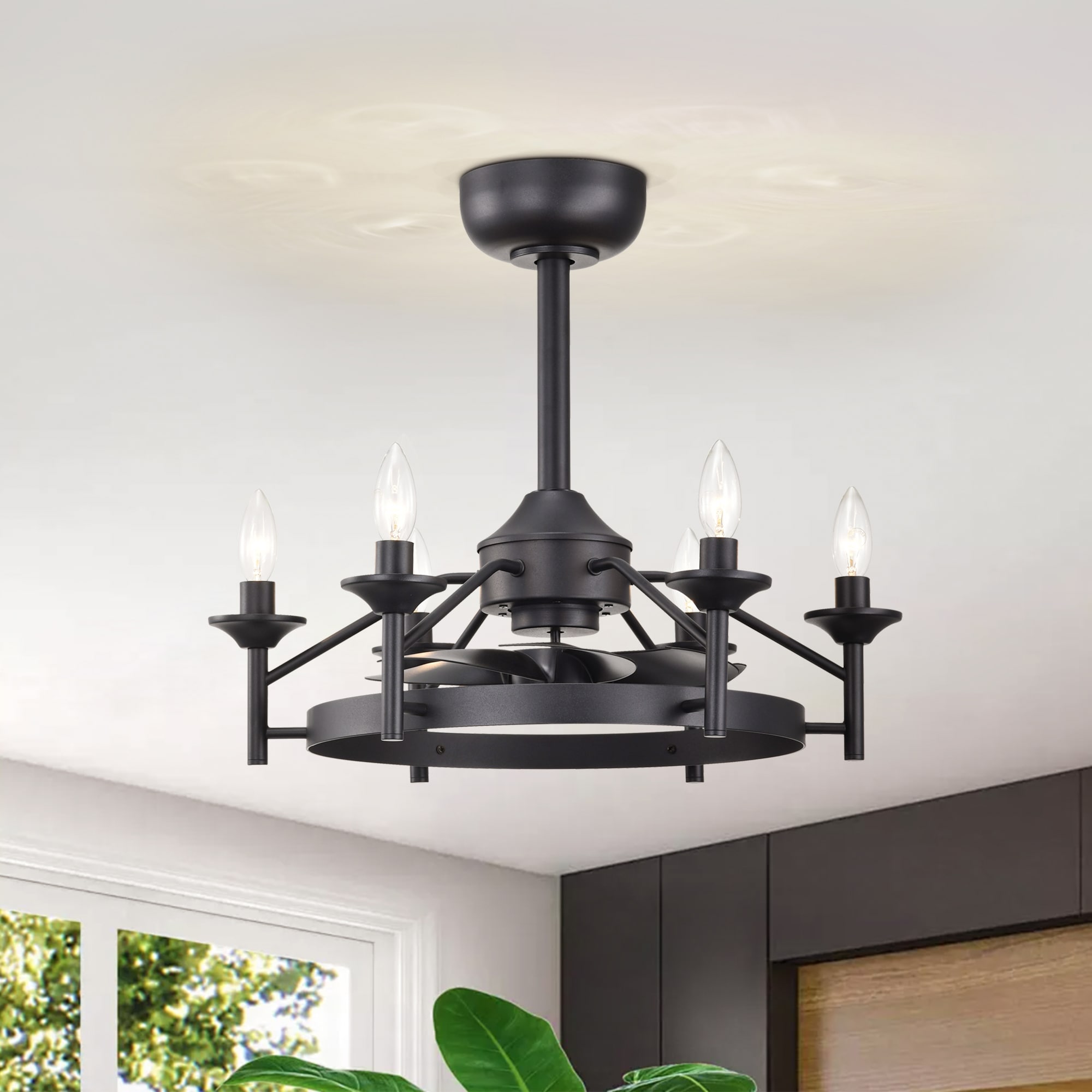 Maxax 26011-6BK Beauchame 21-in Flush Mount Matte Black with Matte Blades Fandelier Ceiling Fan With Light - Remote Included ( 7 -Blade )