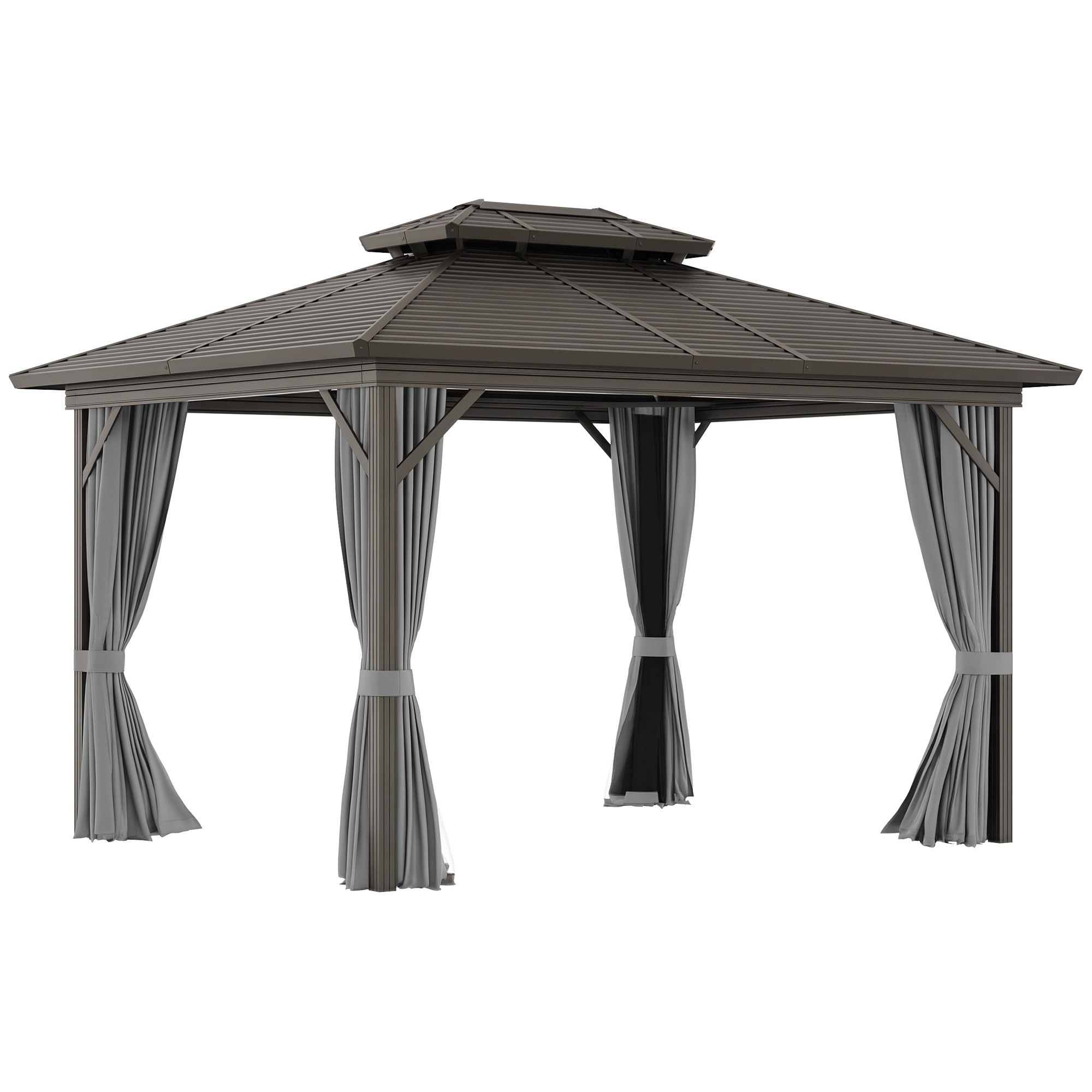 Outsunny 84C-145V03 10ft x 12ft Hardtop Gazebo with Curtains and Netting Permanent Pavilion Metal Double Roof Gazebo Canopy with Aluminum Frame and Hooks for Garden Patio Backyard Gray