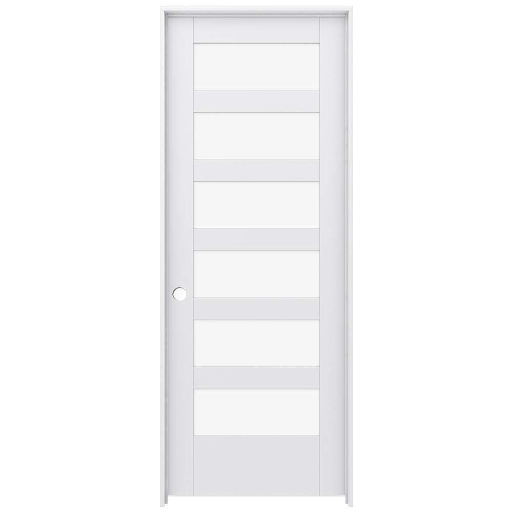 JELD-WEN LOWOLJW221100192 30-in x 80-in Primed Solid core 6-panel Clear glass Right hand Smooth Primed MDF Flat Jamb Single Prehung Interior Door