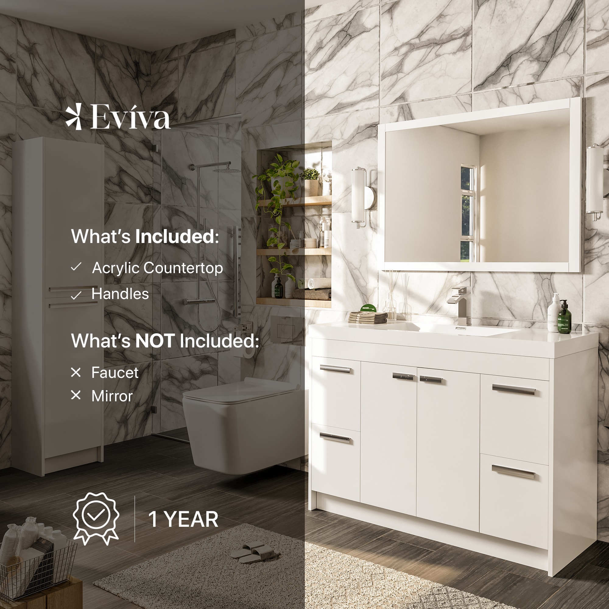 Lugano 48" White Modern Freestanding Single Sink Bathroom Vanity