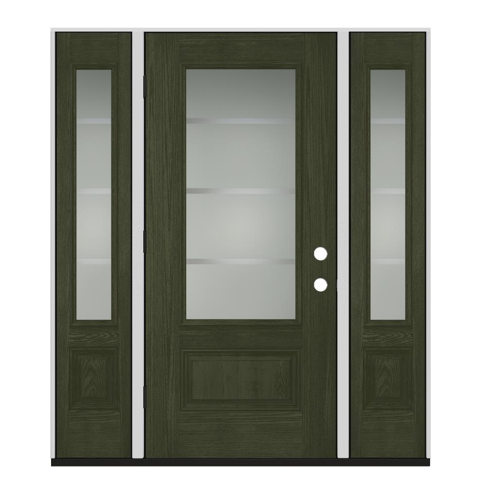 JELD-WEN LOWOLJW231900006 Crosslines 64-in x 80-in Fiberglass 3/4 Lite Right-Hand Outswing Juniper Stained Prehung Front Door with Sidelights Insulating Core