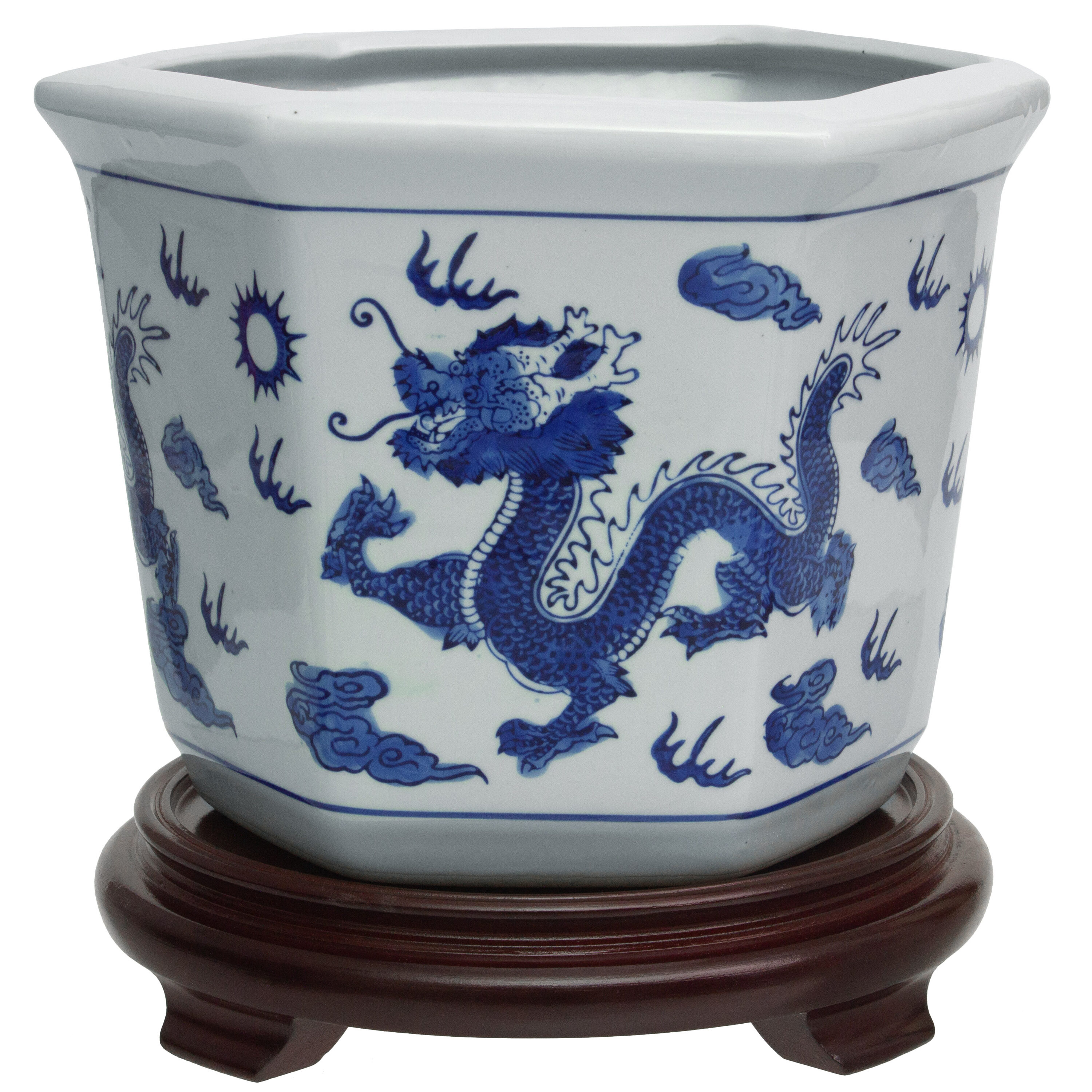 Oriental Furniture BW-FLOWER-DRG1 Hexagon 10-in W x 7.5-in H Blue Porcelain Planter