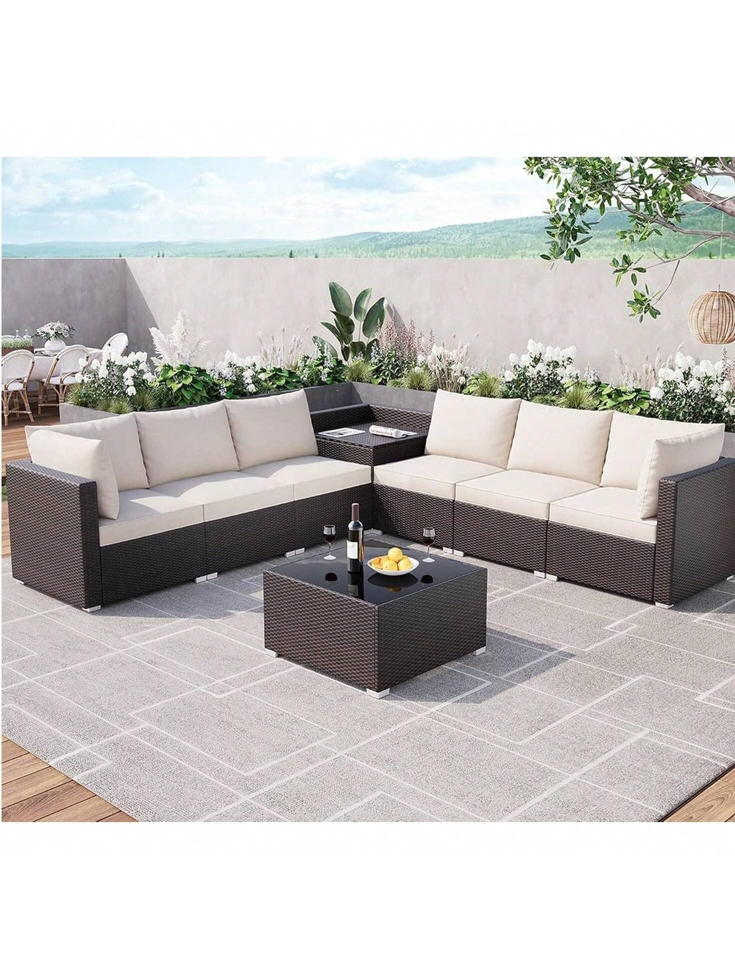 Qeetex PHO-12NG1V8W-HF4 8 Piece Outdoor Patio Furniture Set 6 Seat Rattan Patio Conversation Sets with Glass Coffee Table and Hidden Storage Box. Patio Sectional Furniture Sets for Garden Poolside Backyard