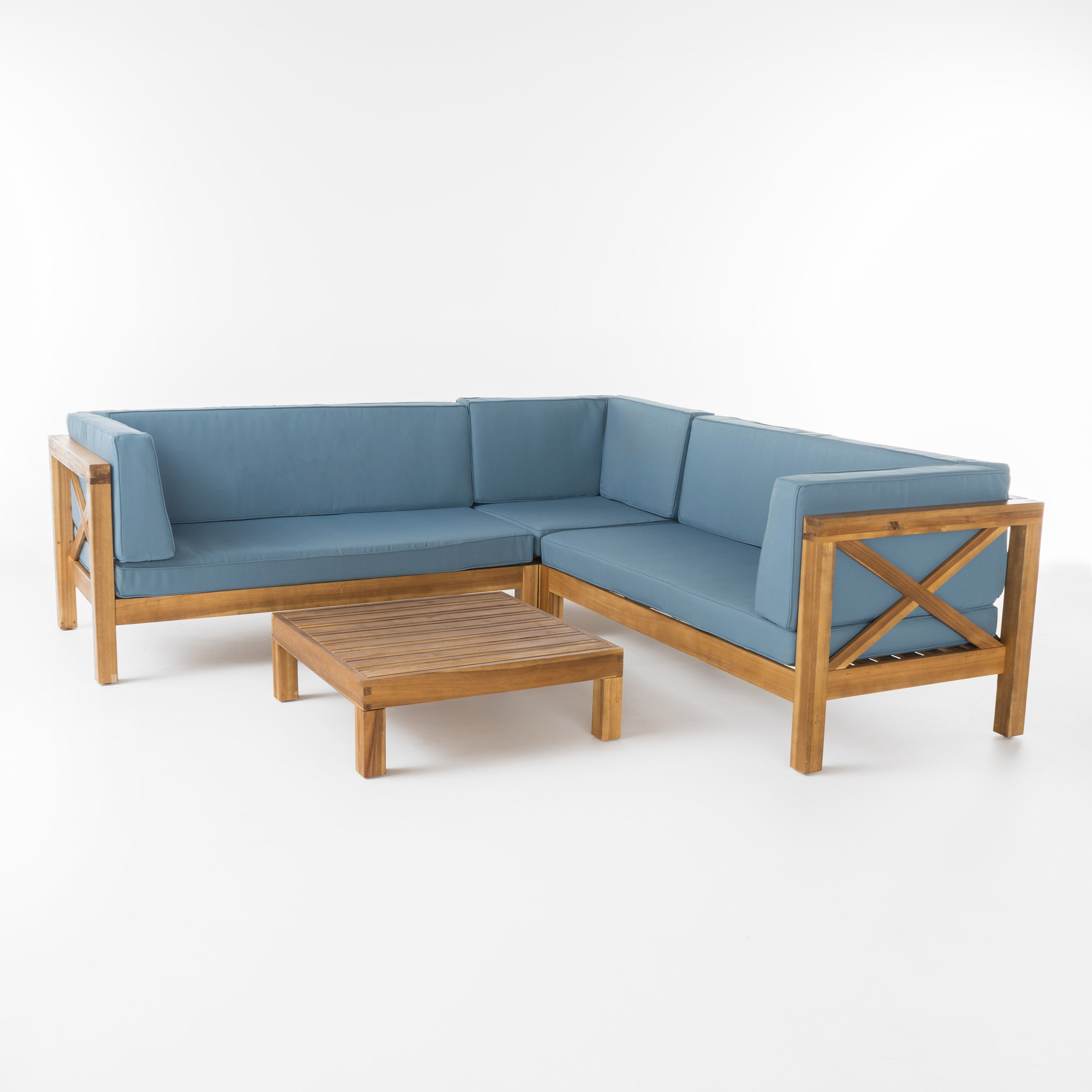 Best Selling Home Decor 299122 Fresno Outdoor Sofa with Blue Cushions and Acacia Frame