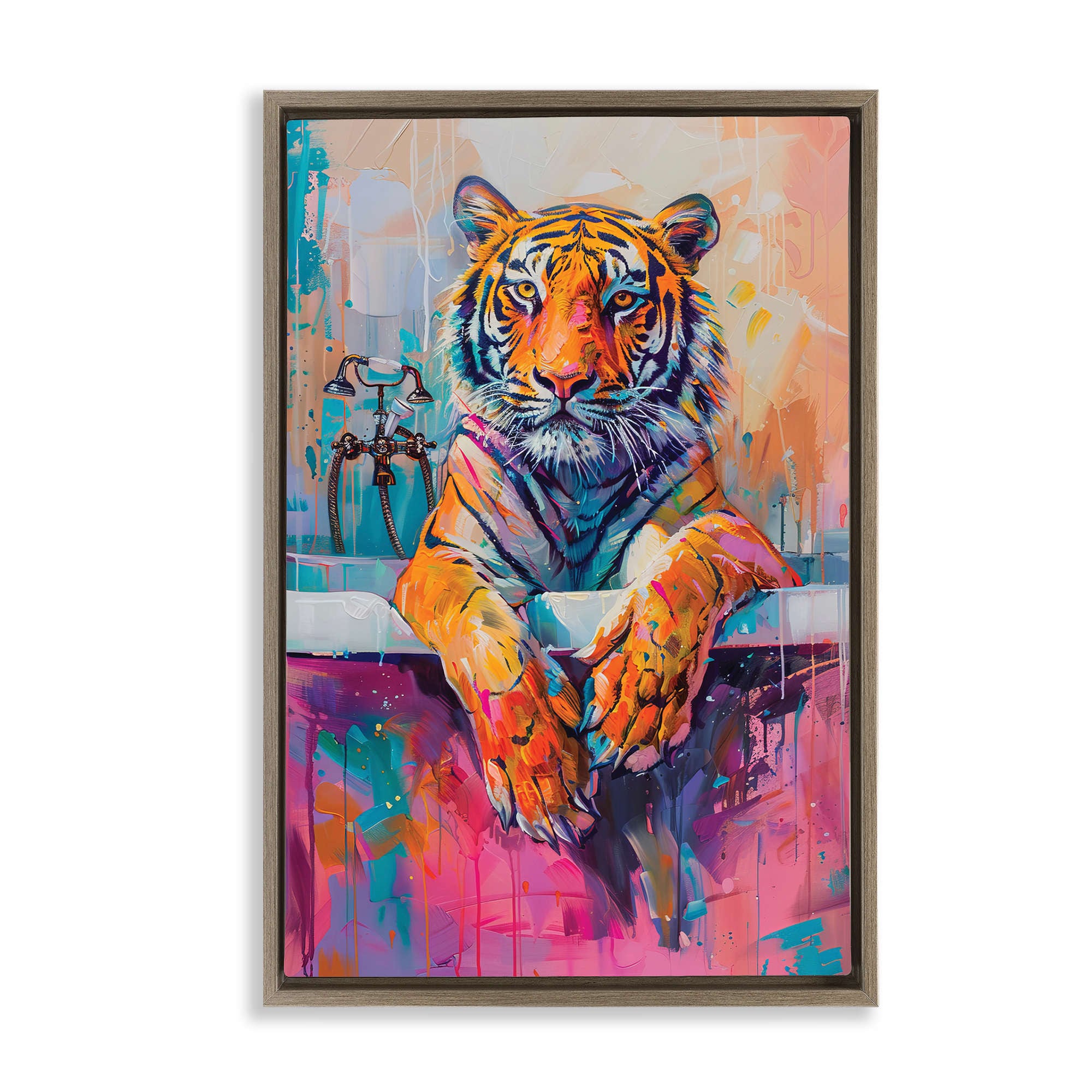 Stupell Industries BT-844-FFE-20X30 Bathing Tiger in Bright Tub Floating Frame Design by LSR Design Studio