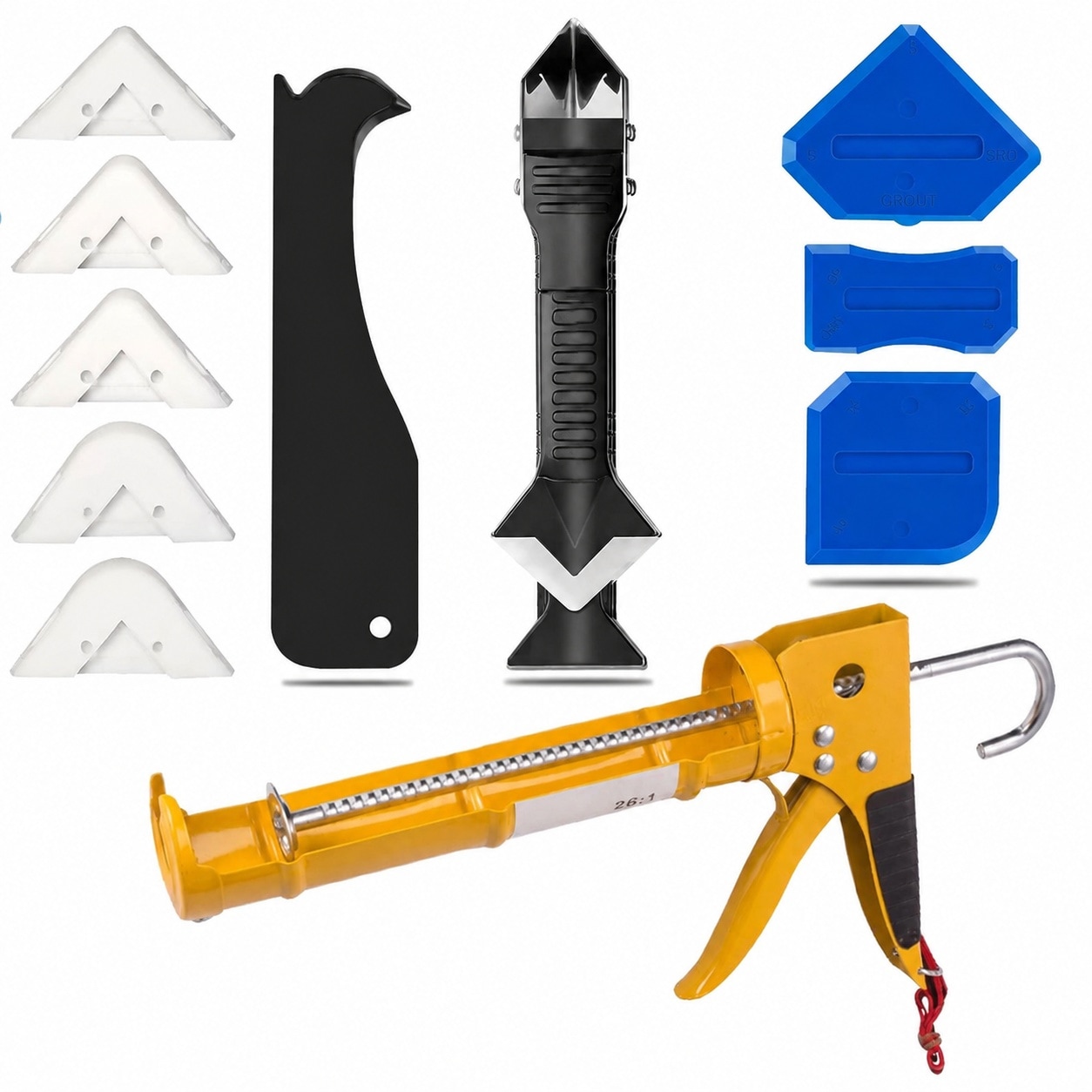 AKSCYZM  Caulk Gun Kit for 10oz Caulk Tubes Silicone Caulking Gun Caulk Remover Sealant Finishing Tool and Grout Scraper 10 to 1 Thrust Ratio for