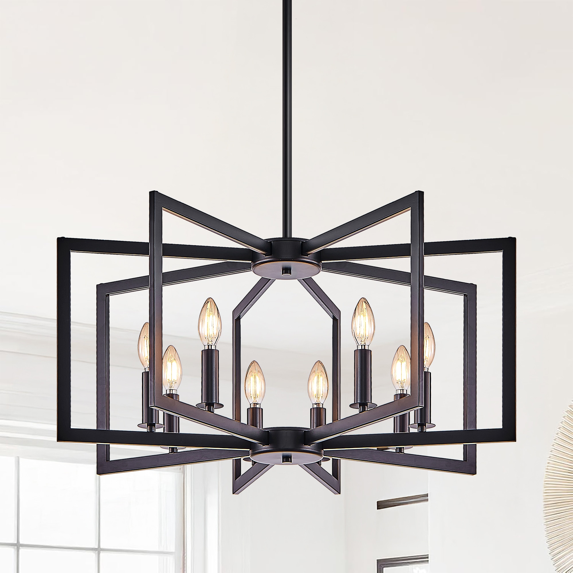 Huluwat 27-Inch Modern Black Geometric 8-Light Chandelier–Industrial Metal Pendant Light Fixture for Living Room Dining Room or Kitchen (Bulb Not Included)