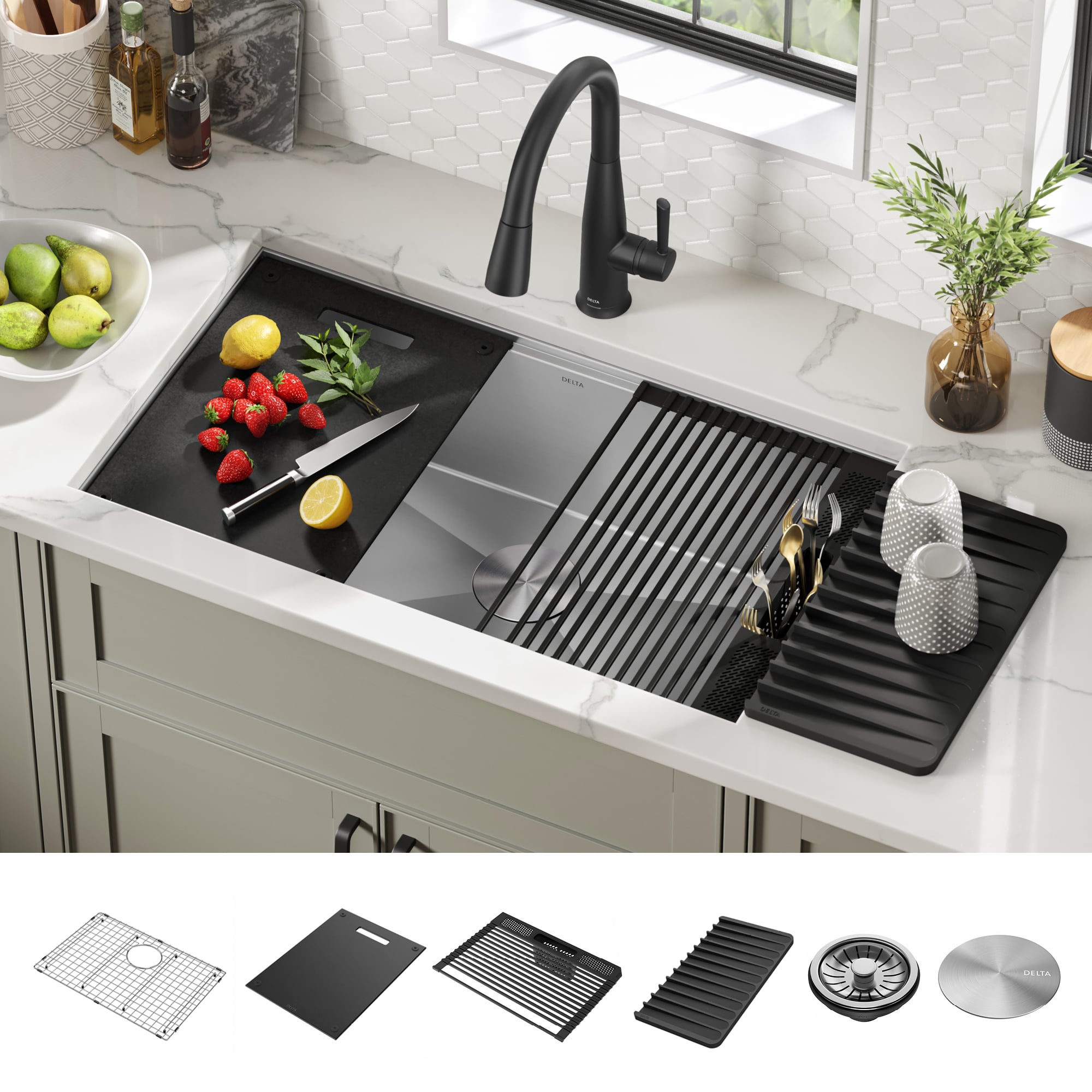 Delta Rivet Undermount 32-in x 19-in Stainless Steel Single Bowl  Workstation Kitchen Sink with Drainboard in the Kitchen Sinks department at 