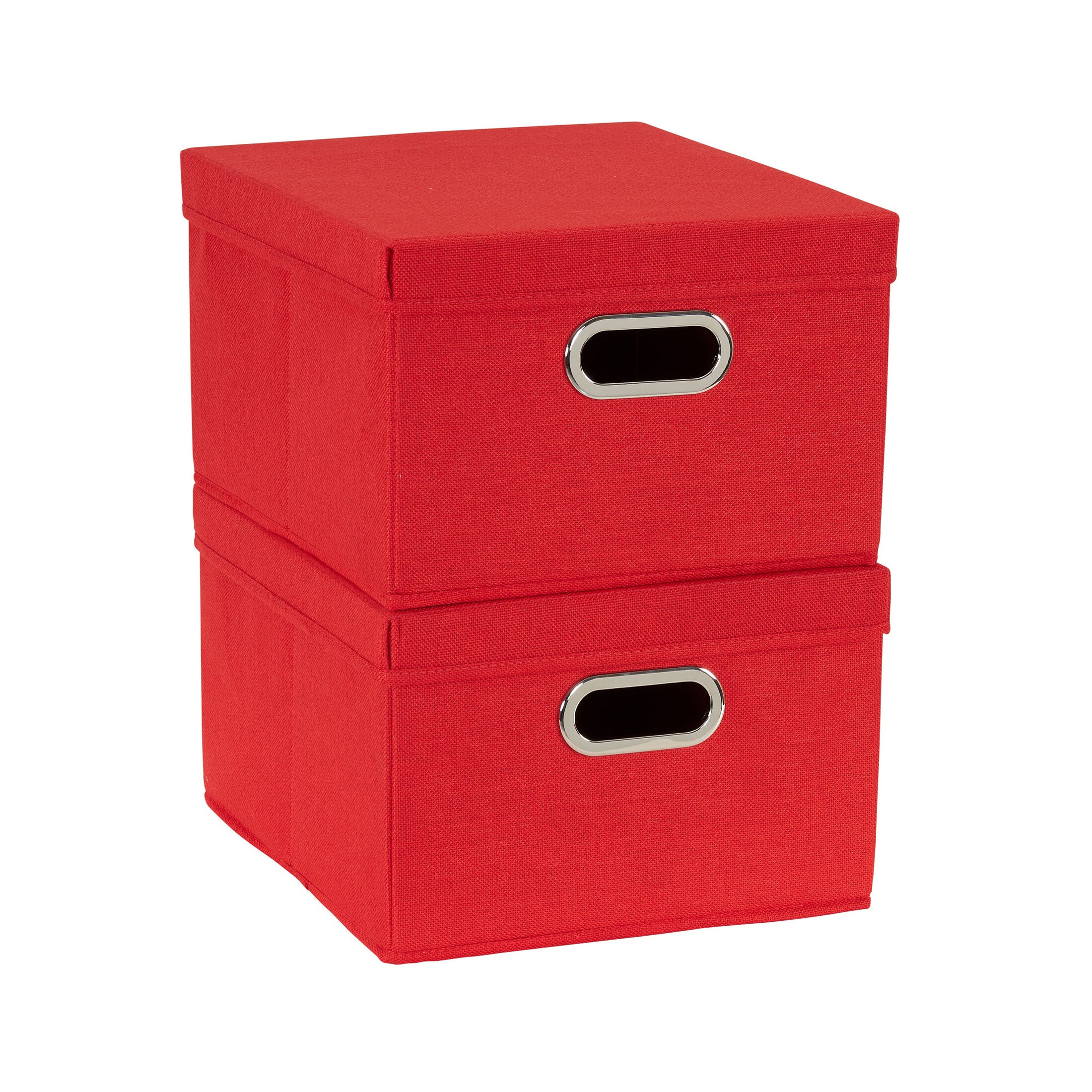 Household Essentials Storage Bins with Lids and Chromed Grommet Handles Set of 2 Textured Linen Look Red