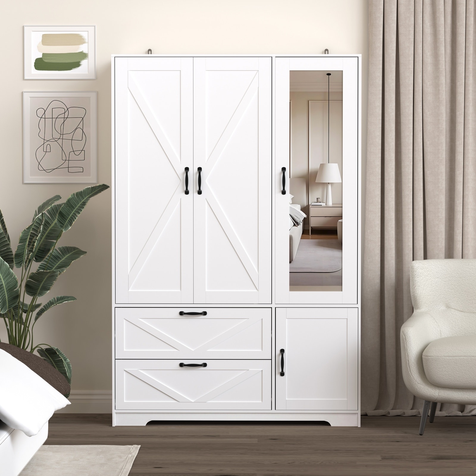 Horizons Prime 47 inch x 20 inch x 72 inch White Particle Board 4 Doors Wardrobe Closet with Mirror and LED Lights