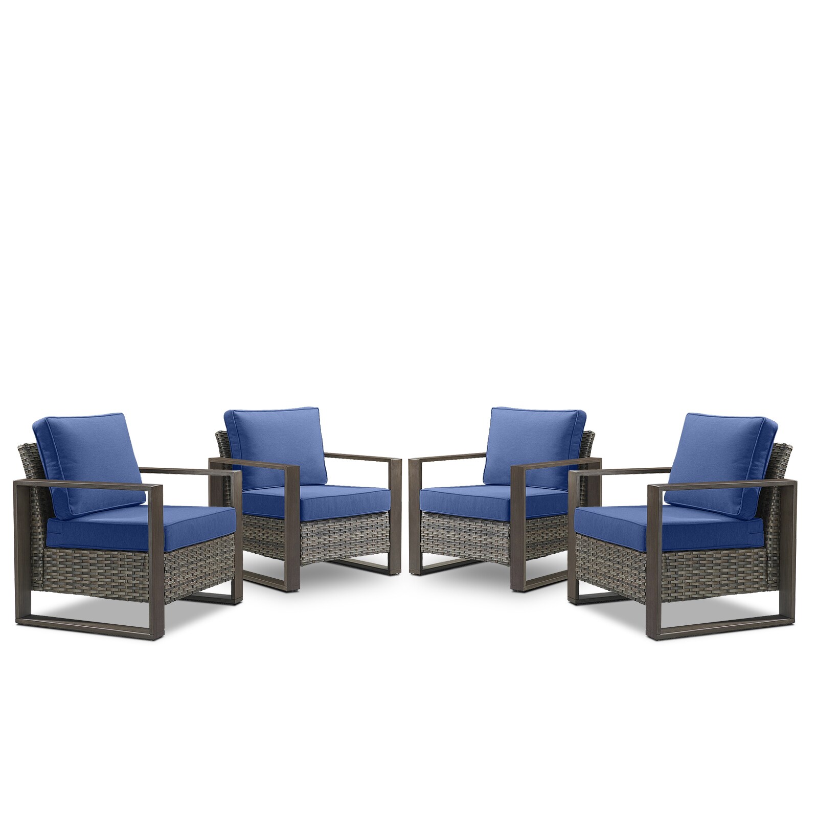 Rilyson FS129-1X2 KUANG Set of 4 Wicker Gray Wicker Frame Stationary Conversation Chair with Blue Cushioned Seat