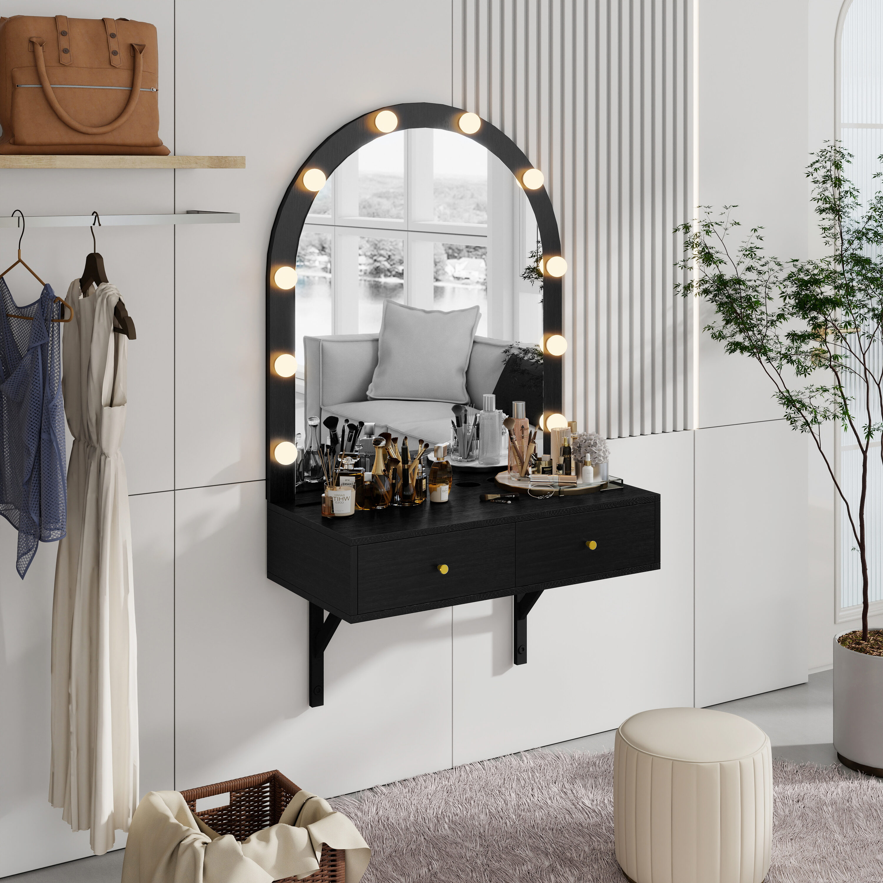 ModernLuxe L3P-N844P263662B Floating Makeup Vanity Desk with Mirror 3Color LightsWall Dressing Table with Power OutletCompact vanityLarge StorageBlack