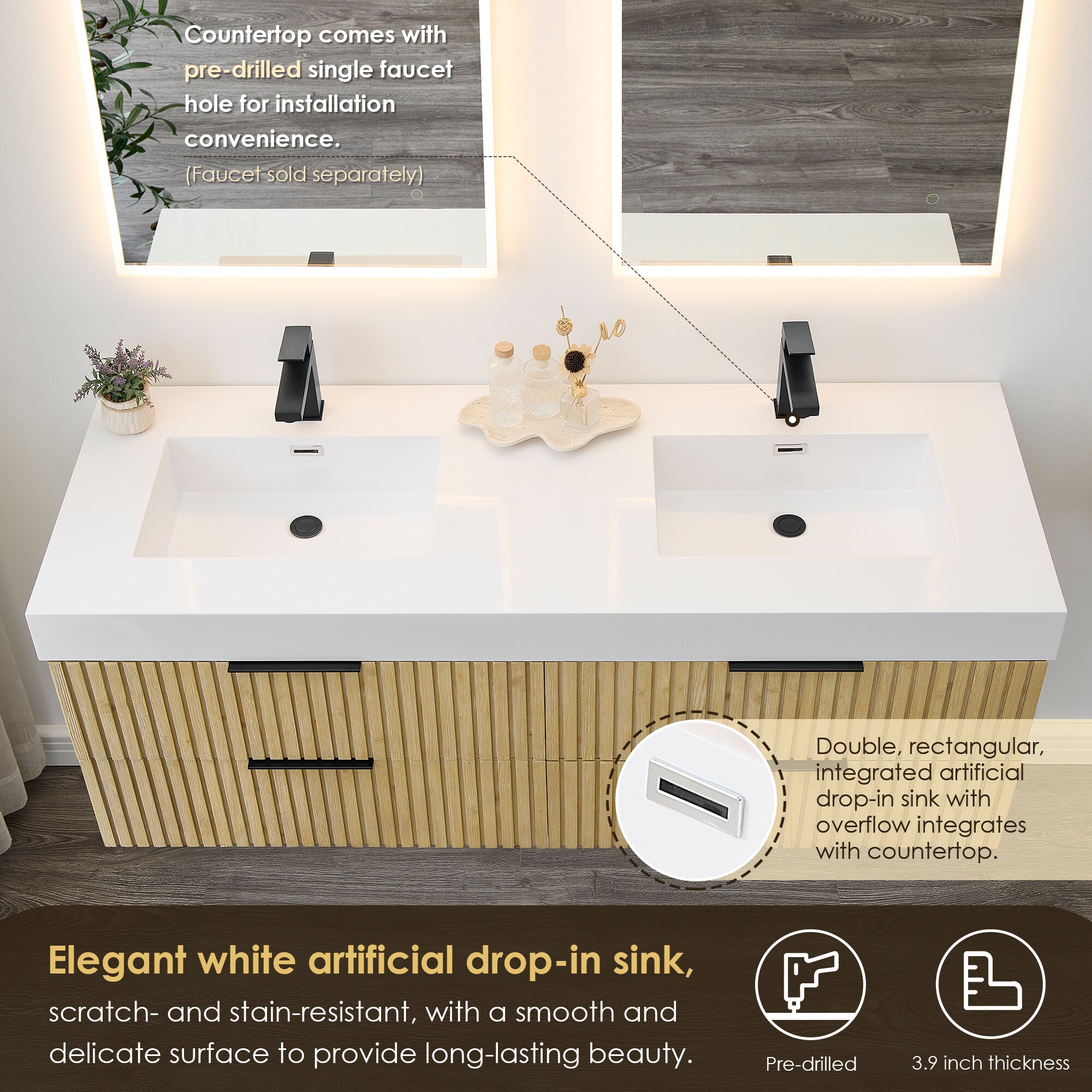 Livia 60" Nature Brown Fir Wood Wall-Mounted Vanity