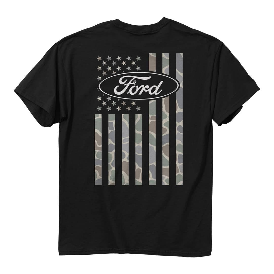 JEDCo This Ford -  Logo USA Camo Flag T-Shirt is classic and durable. It features high-quality art on the back and the iconic Ford logo on the front left chest.