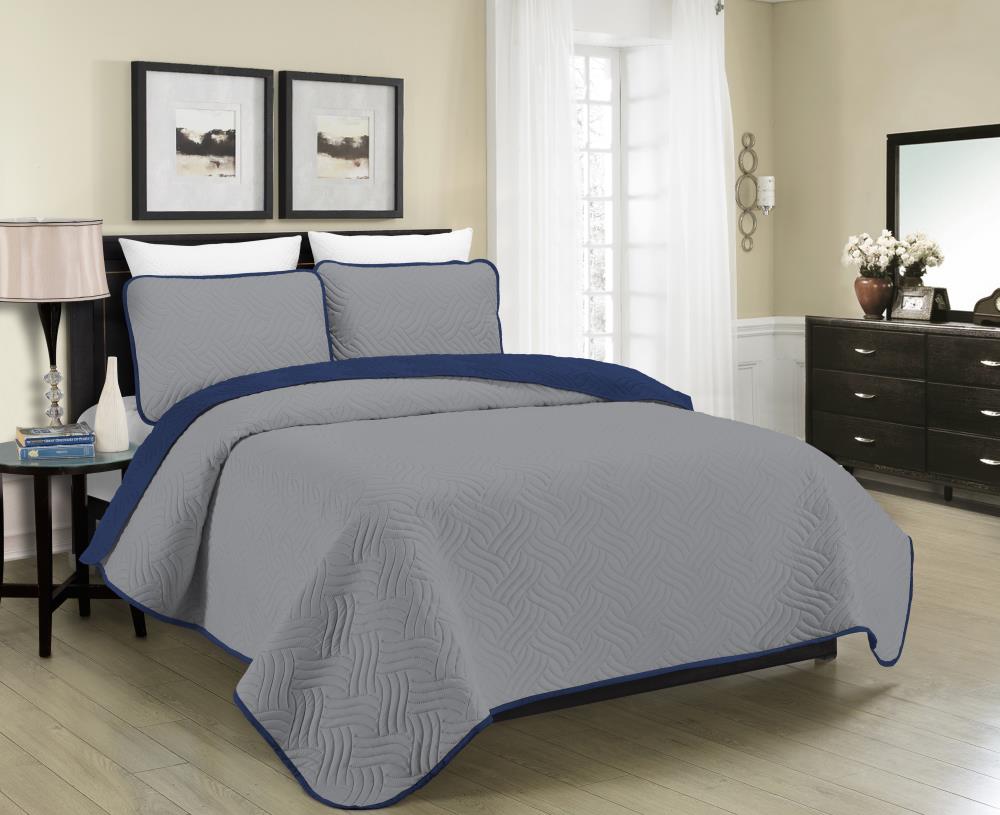 MHF Home M575464  Allison Reversible Quilt-Set Grey/Navy Solid Reversible King Quilt (Polyester with Polyester Fill)