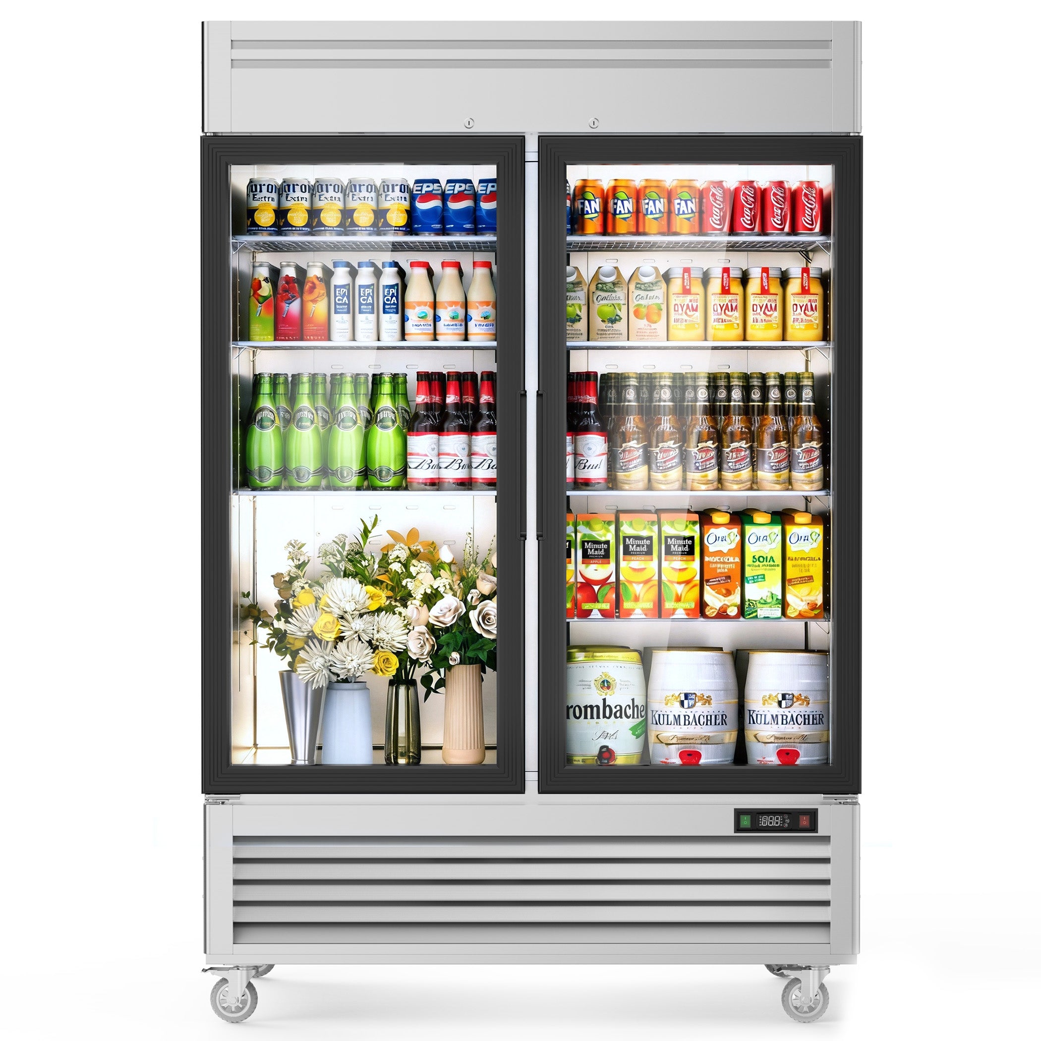Coolake -  54.4 Inch 2 Glass Doors Commercial Display Refrigerator 49 Cu Ft Stainless Steel Merch...