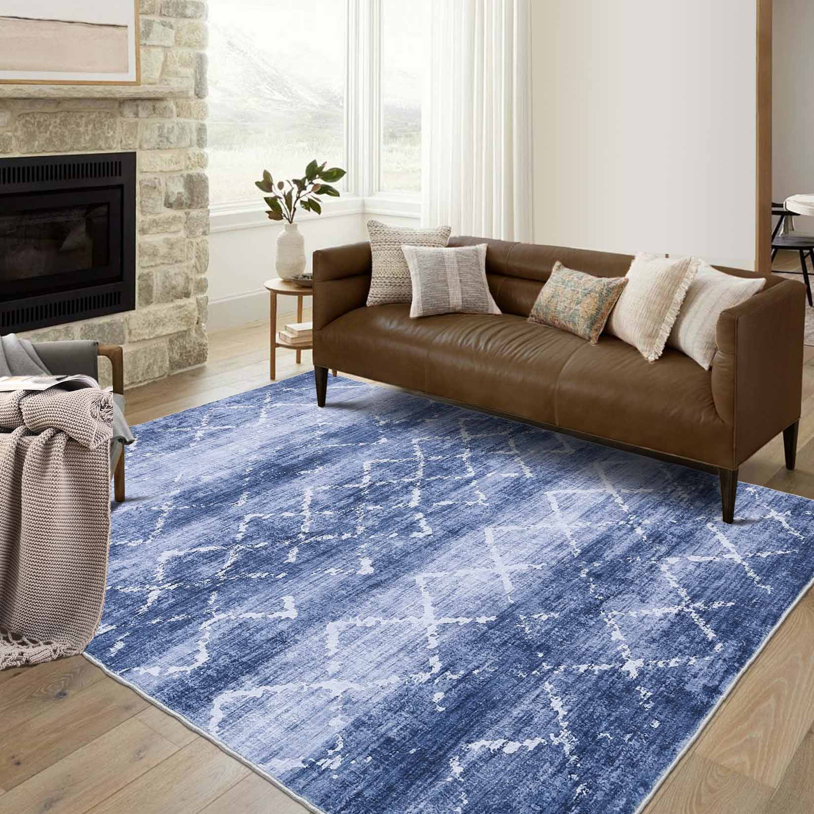 Garvee YXY-LO-PHO-15S1IAQ8 5 x 7 (ft) Loomed Blue Rectangular Indoor Geometric Mid-Century Modern Machine washable Area rug