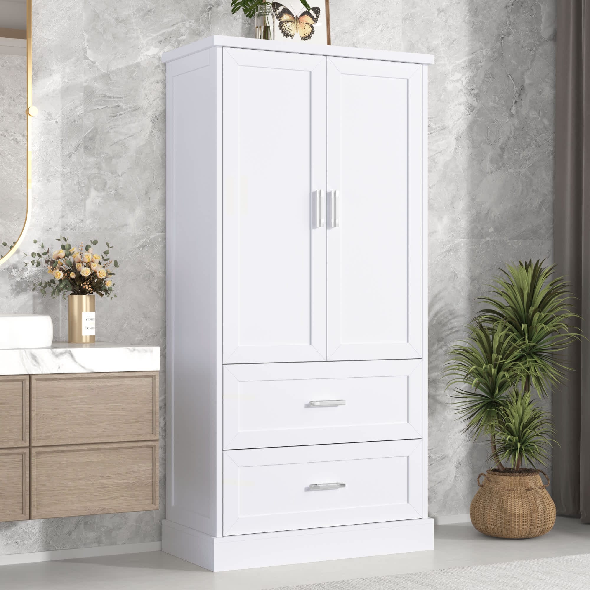 Roomfitters  64 Inch Tall Bathroom Storage Cabinet with Interior Door Shelves Linen Tower with 2 Drawers and Shaker Doors White