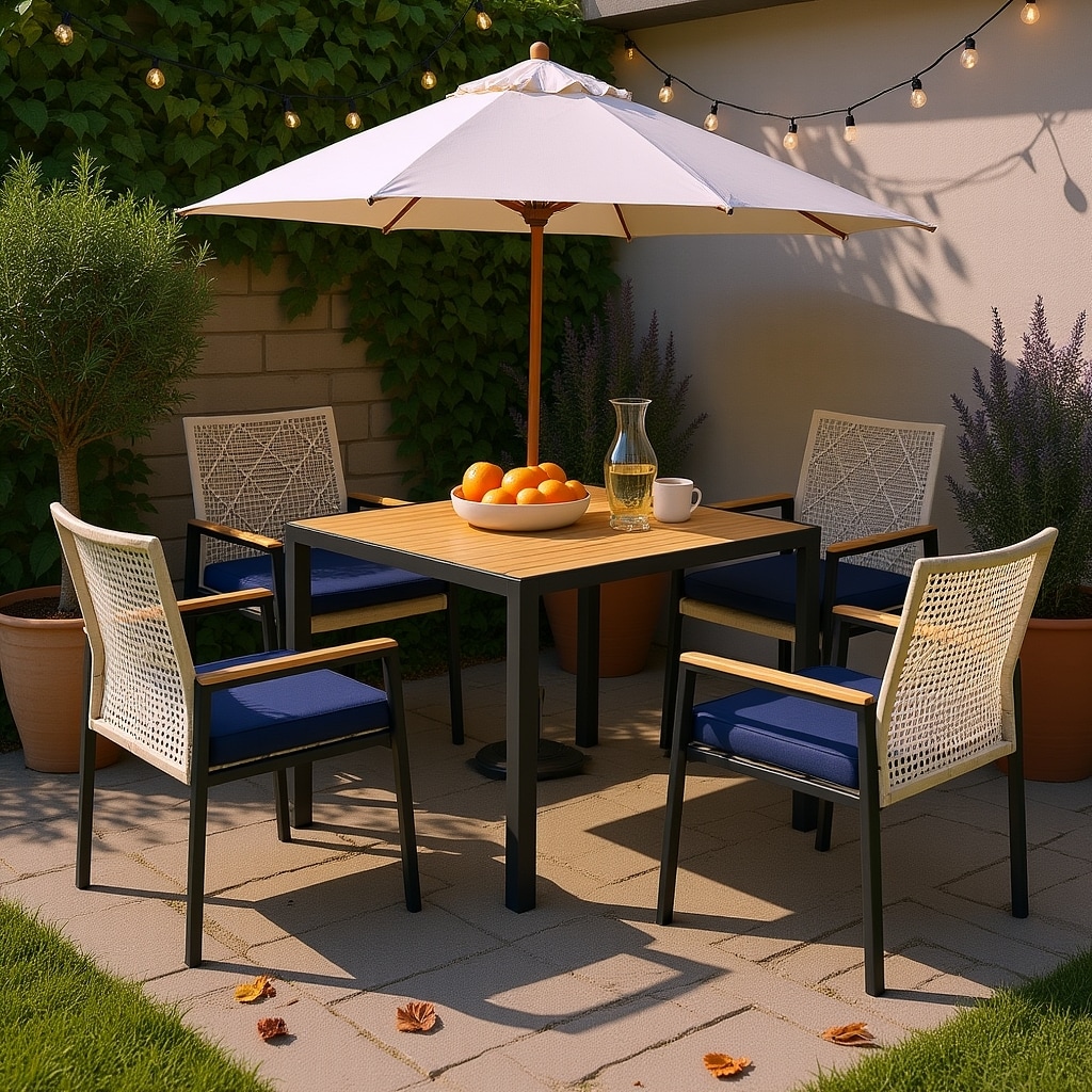 Homy Casa AWP LG AWP All Weather 5-Piece Patio Dining Table Set with Acacia Wood Table Top and Umbrella Hole Light Gray Rattan Chairs