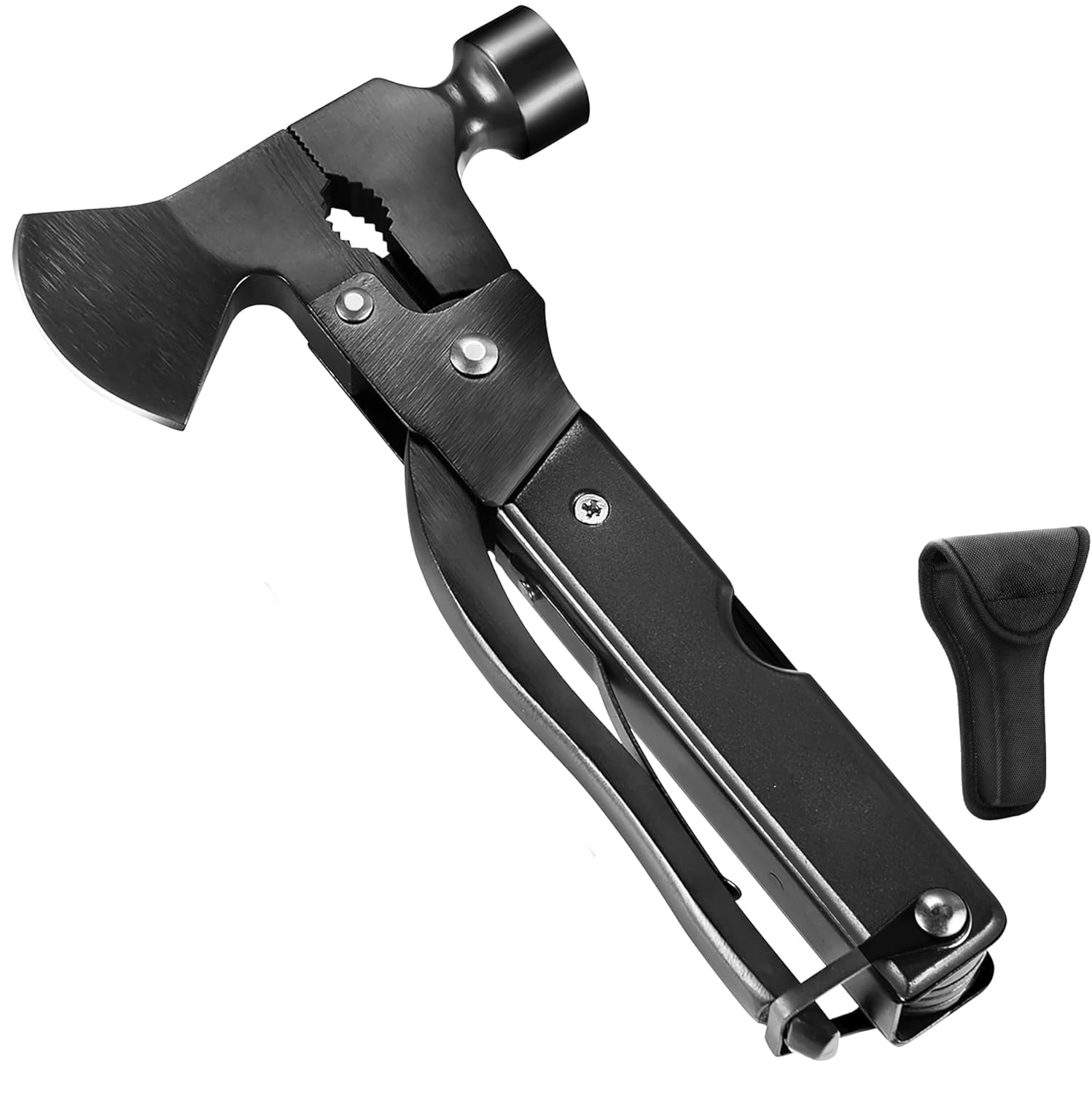 Etokfoks  14 in 1 camping axe multitool stainless steel with hammer knife saw screwdrivers bottle opener compact multi tool with black