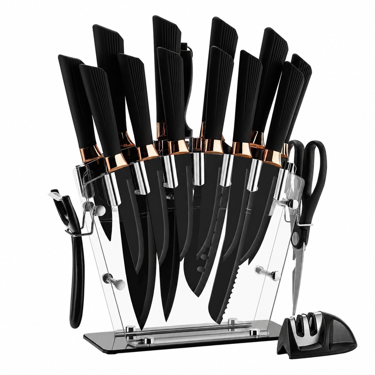 LILILIAN FMY  17 Piece Kitchen Knife Set with Block and Sharpener Stainless Steel Knives with Steak Knives Santoku Chef Utility Paring Scissors