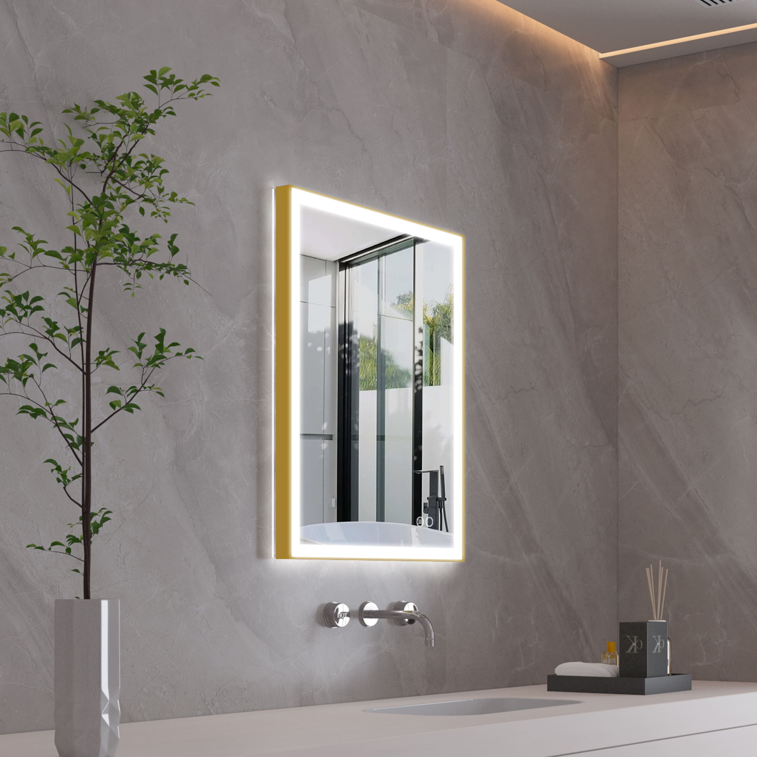 Forclover MRAL-5F2432GD 24-Inches x 32-Inches Framed Rectangle Dimmable LED Lighted Fog Free Bathroom Vanity Mirror ( Gold )