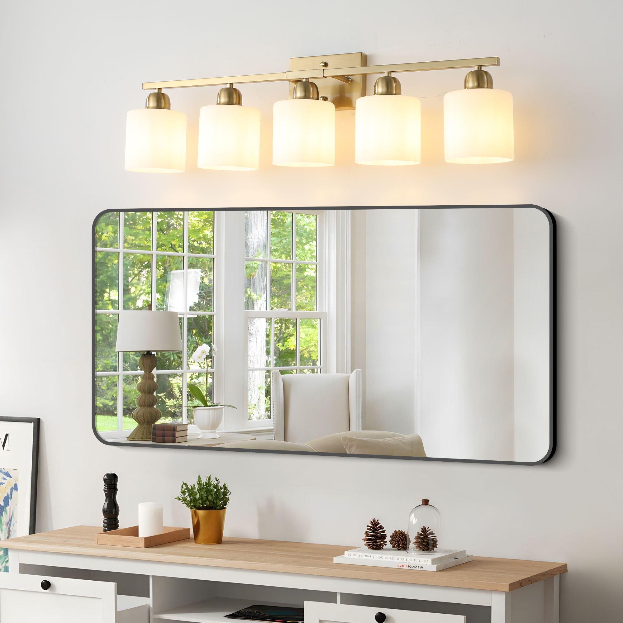 HomLux 5 Light Gold Vanity Light Fixture Over Bathroom Mirror with Frosted Glass Shades Modern Style E26 Base Bulbs Not Included