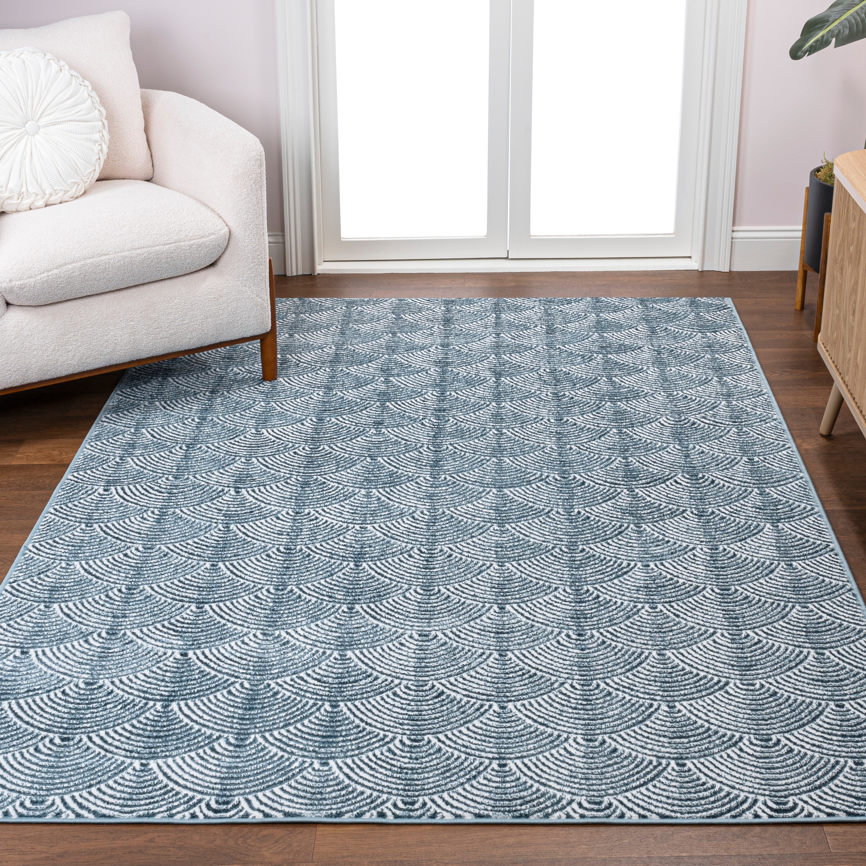 JONATHAN  Y CAR100A-3 CARMEL Porter Art Deco Fan Pattern High-Low 3 x 5 (ft) Loomed Polyester Navy/Cream Rectangular Indoor Geometric Vintage Area rug