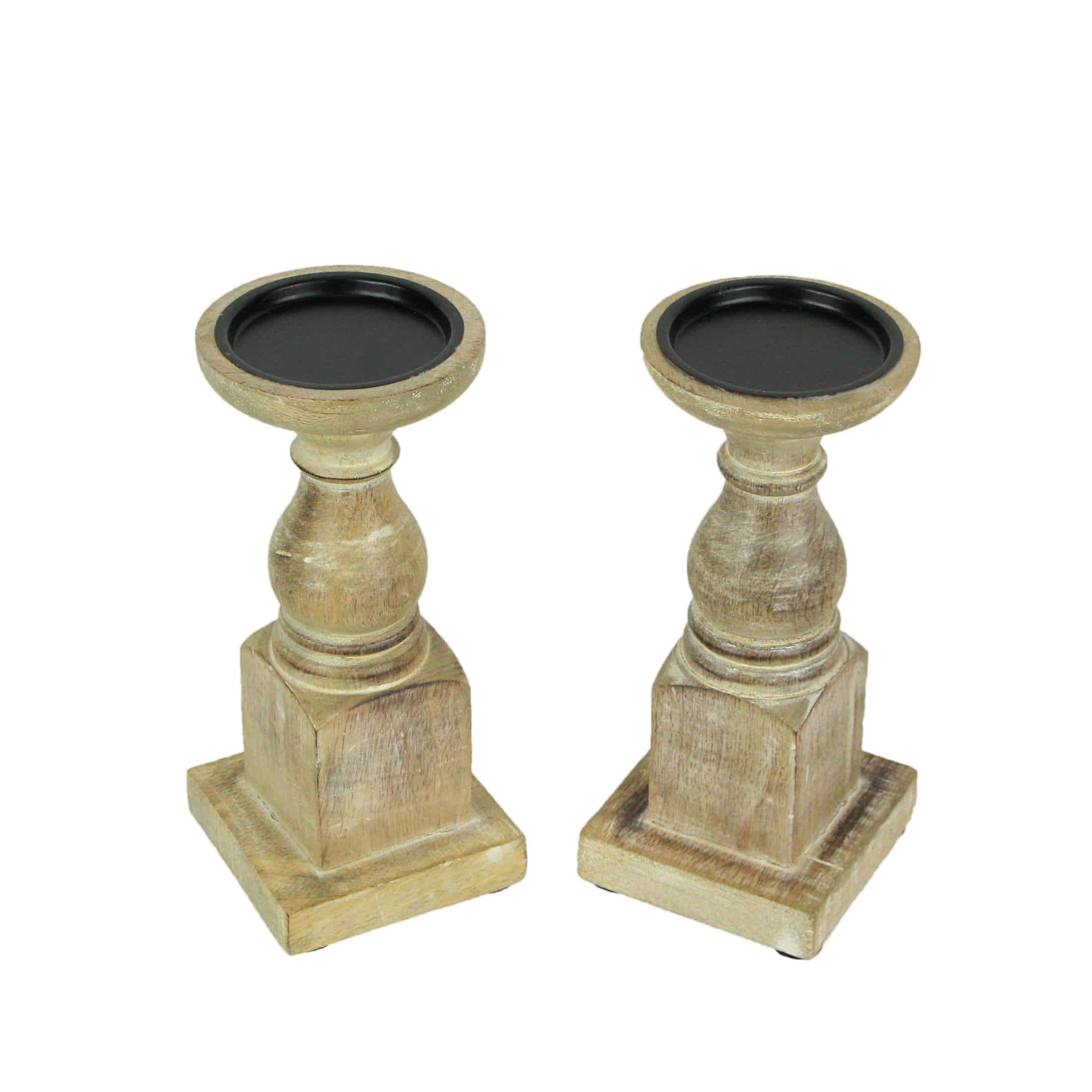 India House IHB-14352-WT-SET Set of 2 White Washed Wooden Pedestal Candle Holders Rustic Centerpiece Decor