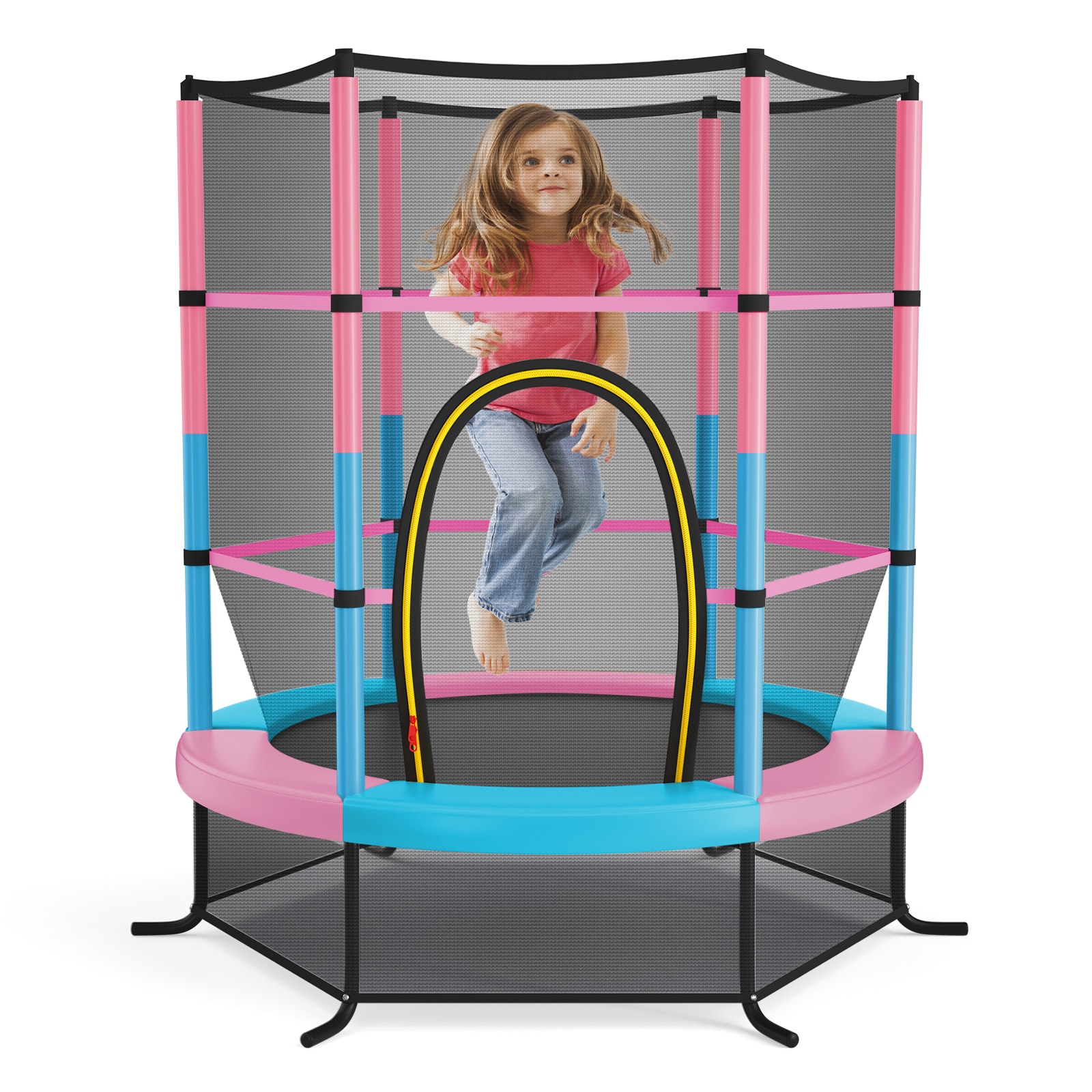 Slickblue D-CO-KM25001WT 65-Inch- L-Shaped Kids Trampoline with Enclosure Net with Steel Frame – Backyard Indoor Outdoor Fun or Playroom -Navy/ Red/ Yellow/ Green/ Pink