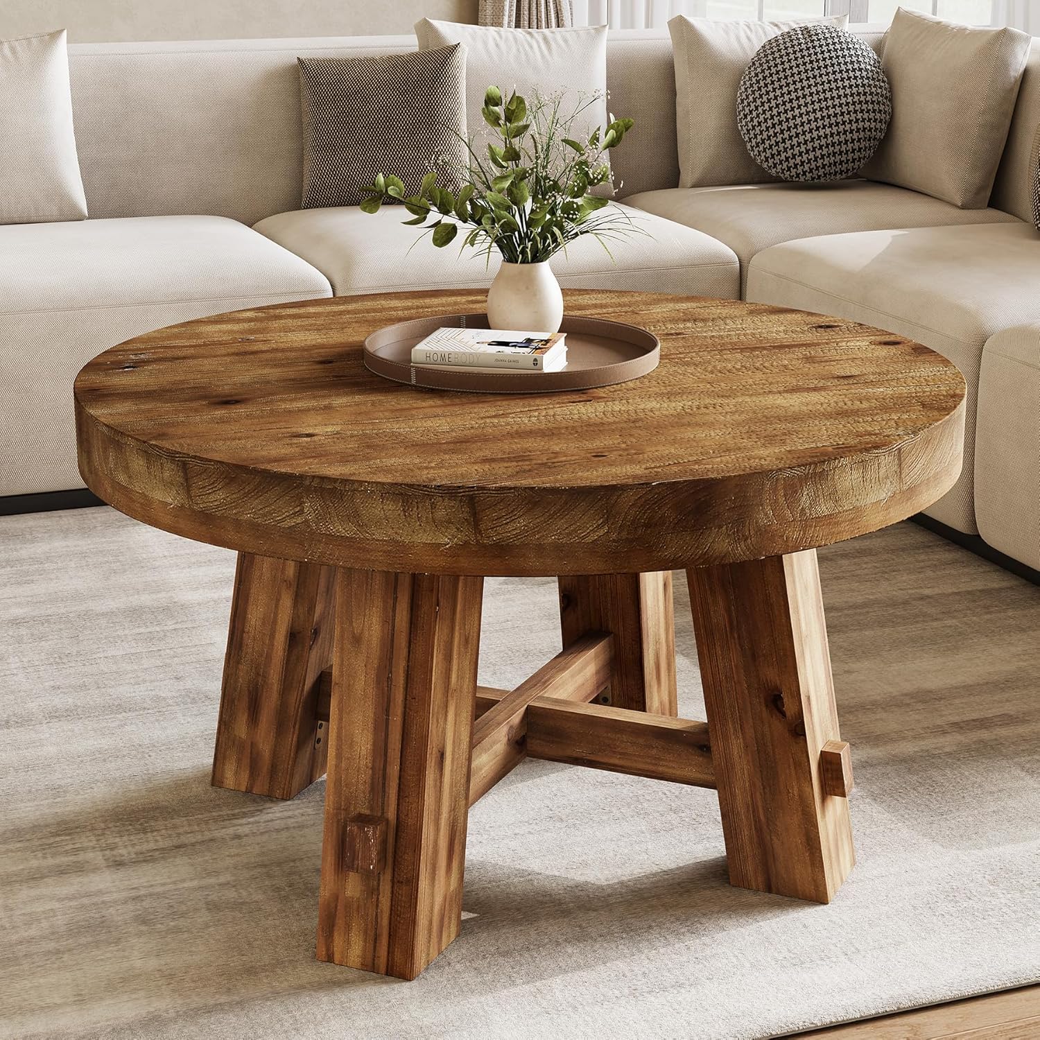 Image showcasing LITTLE TREE Brown 31.5-Inch Round Coffee Table Solid Wood Center Table ...