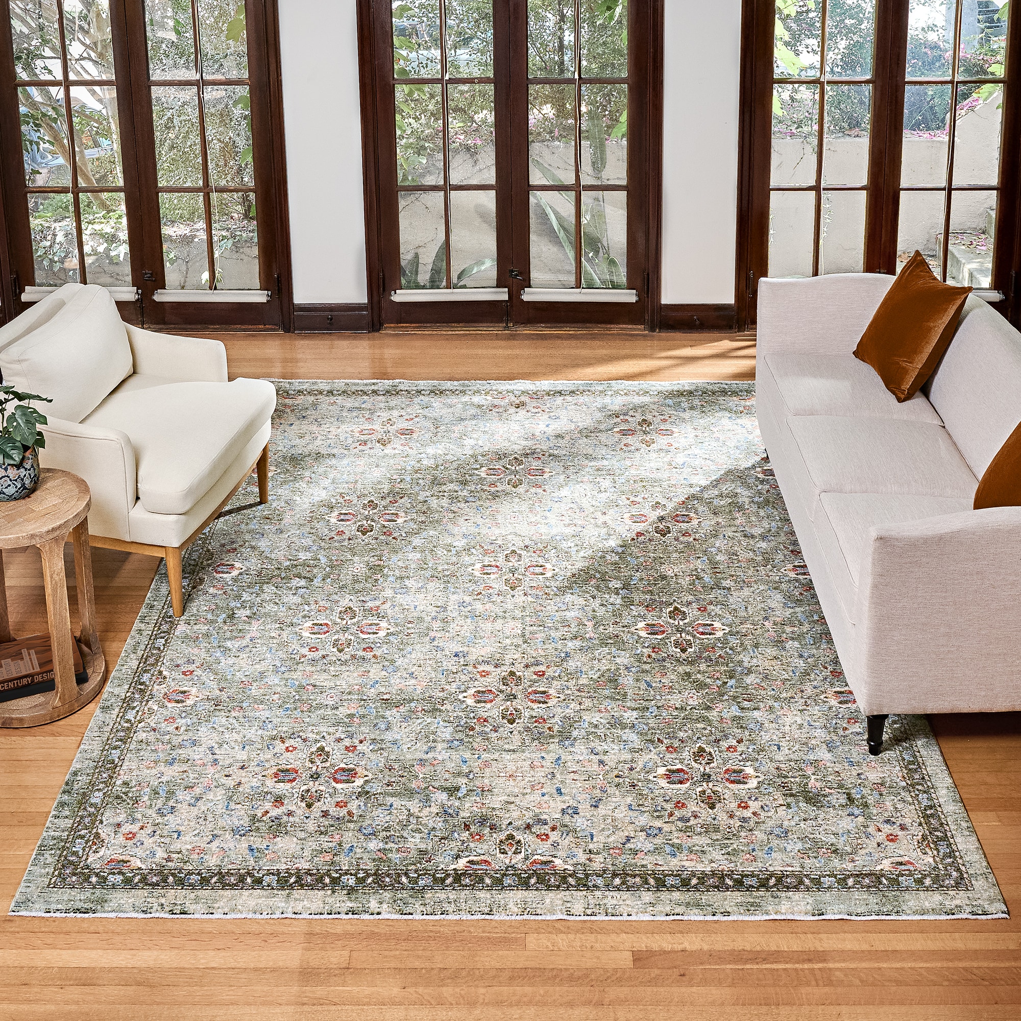 Ivory and Olive Green Synthetic Rectangular Area Rug