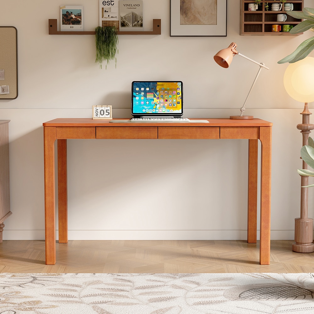 Homsee C-KF210350-01 Modern Walnut Study Desk 47.2 Inch Rubberwood Writing Table with Rounded Corners Compact Wooden Desk for Home Office Bedroom