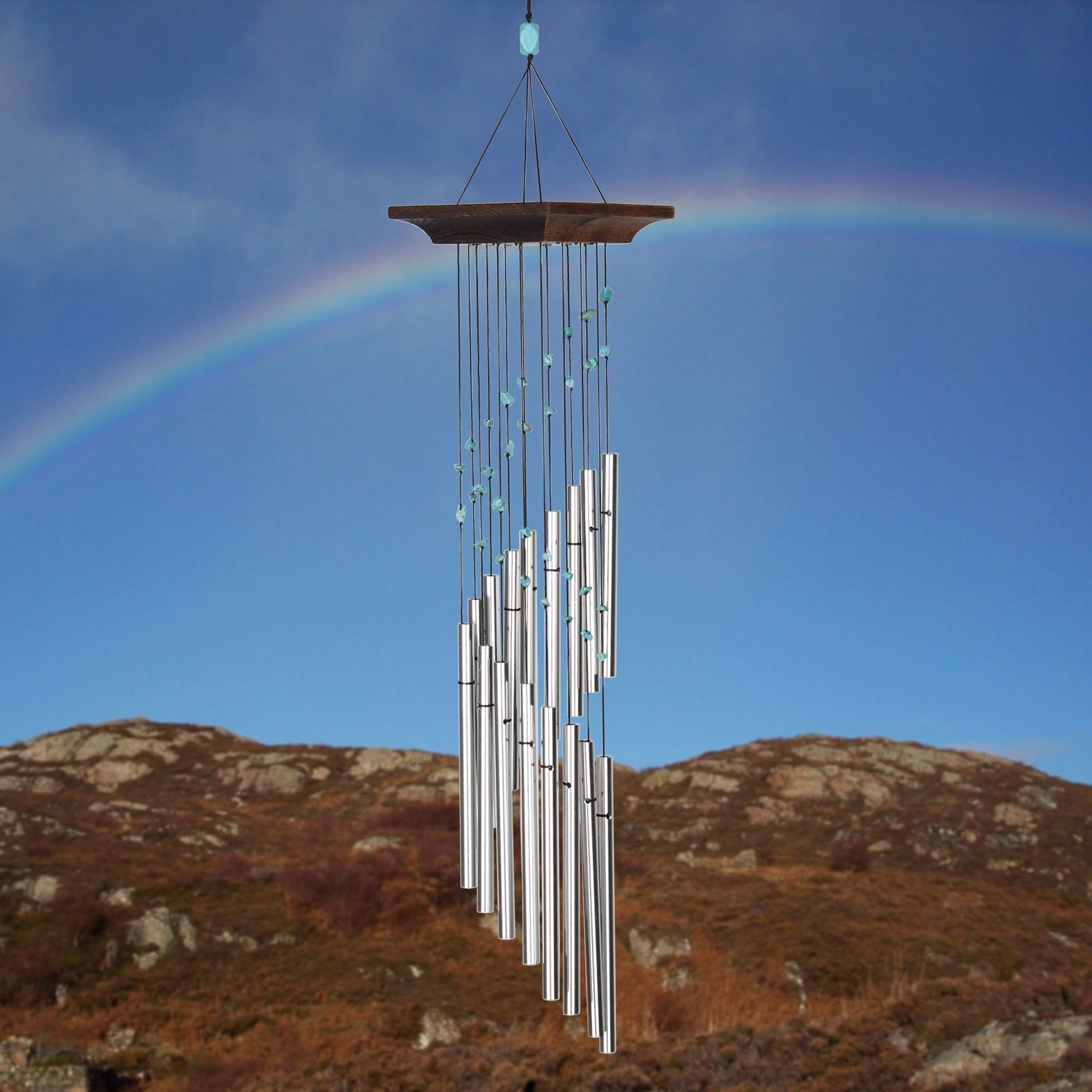 Turquoise and Silver Mystic Spiral Wind Chime with Teak Wood