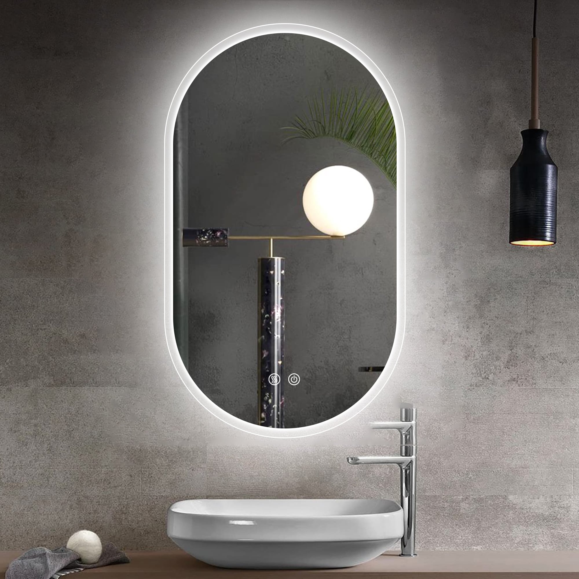 AAZJ JKF-MU04-2436SF1 Bathroom Mirrors 20-Inches x 32-Inches Polished Frameless Oval Dimmable Lighted Fog Free Bathroom Vanity Mirror ( Silver )