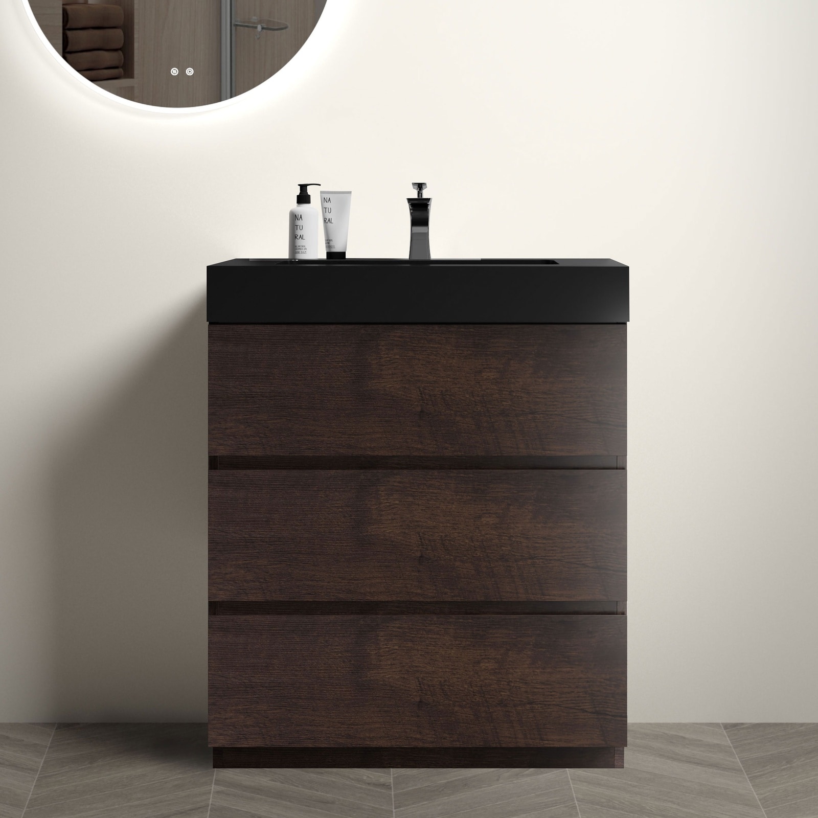 LIVACA 30 inch Walnut Finish Bathroom Vanity with Black Sink and Triple Drawer Storage