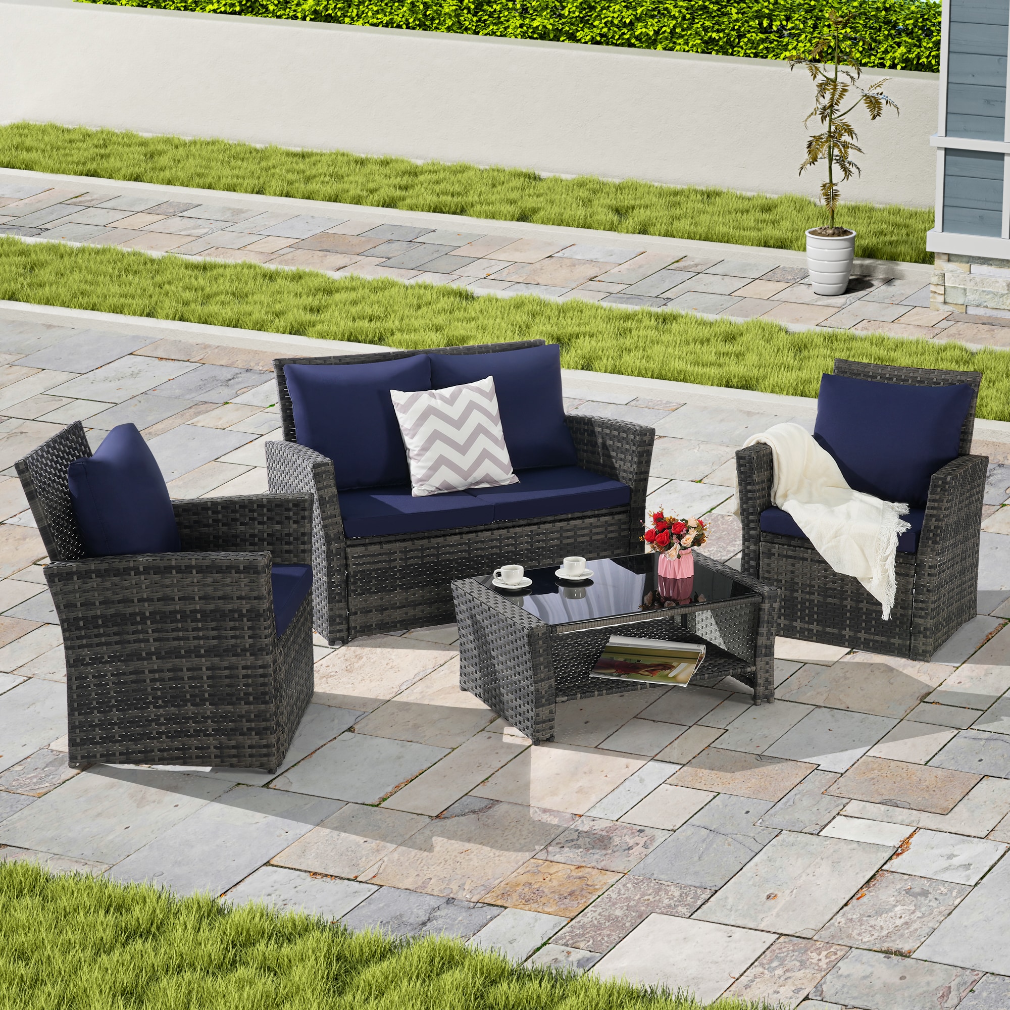 Forclover MONLDS11NB 4 -Piece Wicker Patio Conversation Set with Blue Cushions