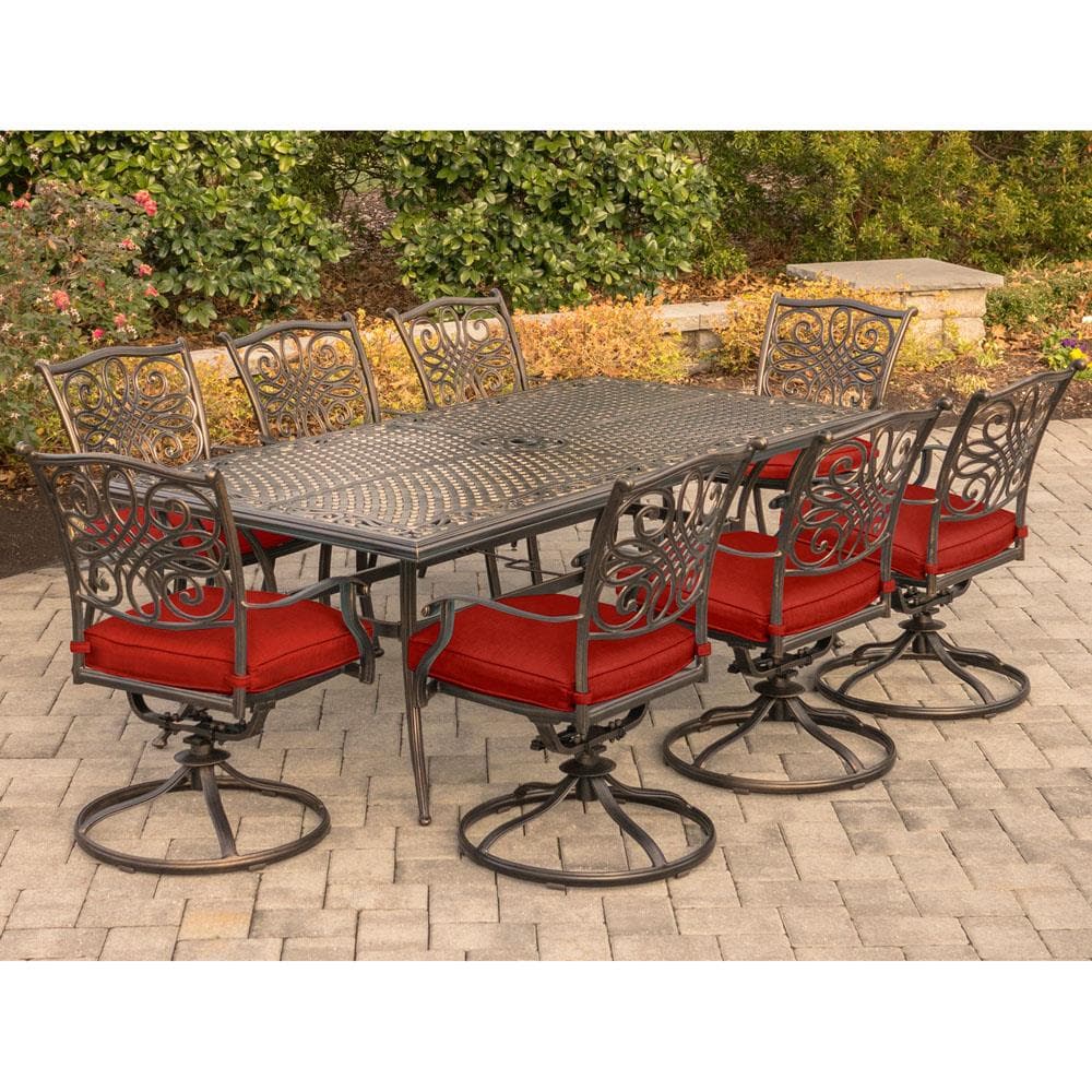 Hanover 9-Piece Bronze Aluminum Outdoor Dining Set with Red Cushions