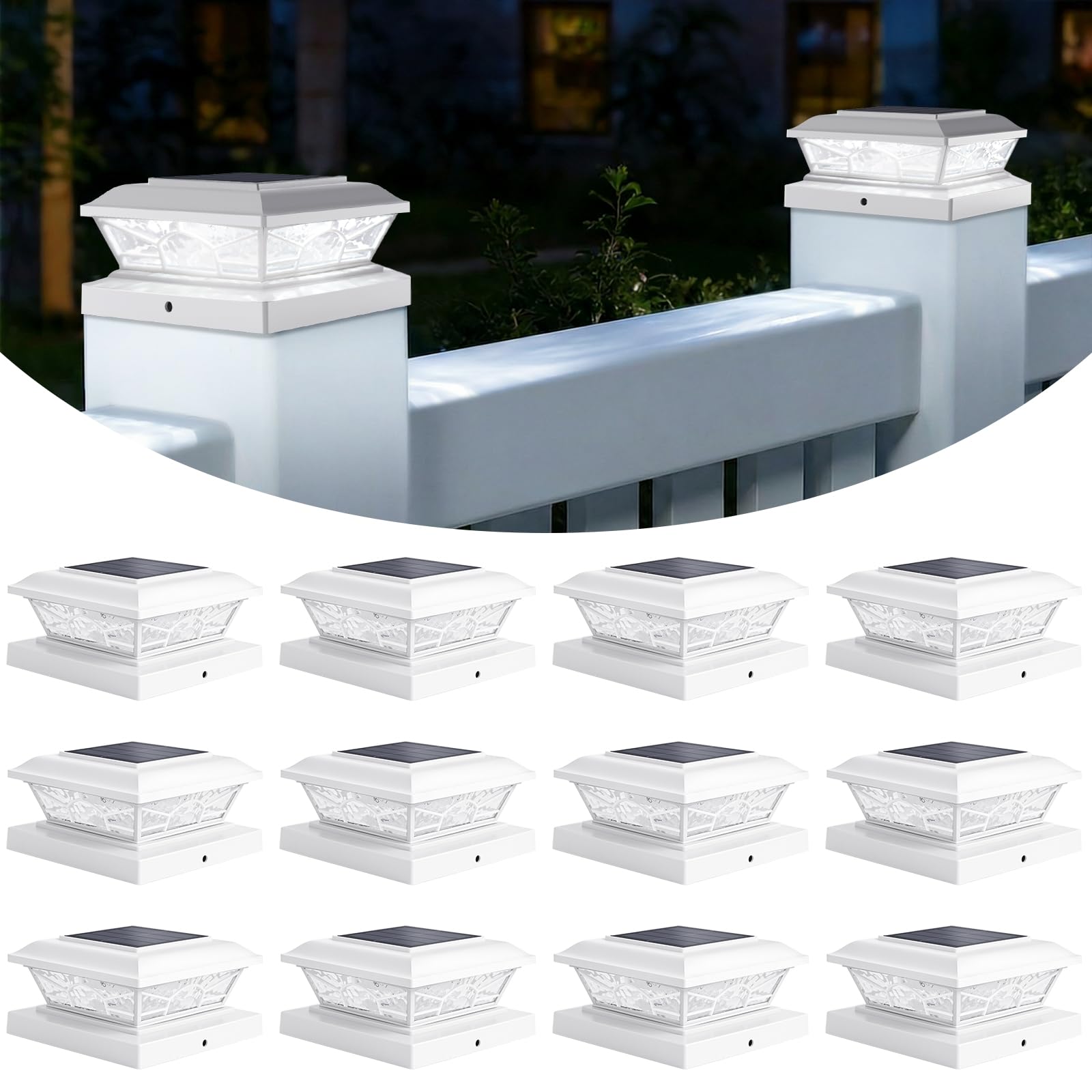 Justincity  12 pack Solar Post Cap Lights Outdoor LED Fence and Deck Lights for 4x4 or 3 5x3 5 Wood or Vinyl Posts Two Light Modes Warm or Cool