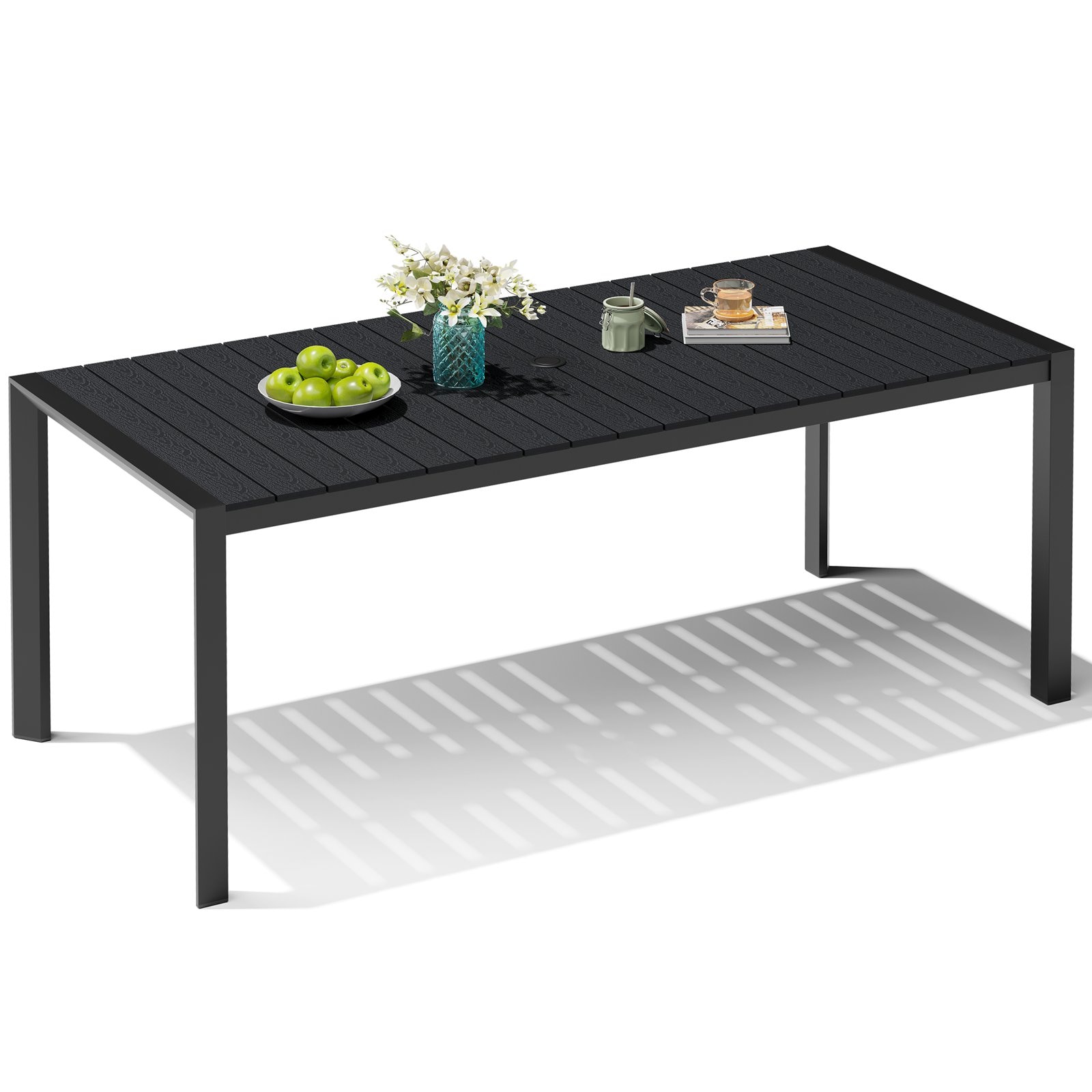 Crestlive Products CL-TB062BLK180 72-in Large Patio Plastic-Wood Top Aluminum Frame Rectangle Outdoor Dining Table 32.8-in W x 71.42-in L with Umbrella Hole