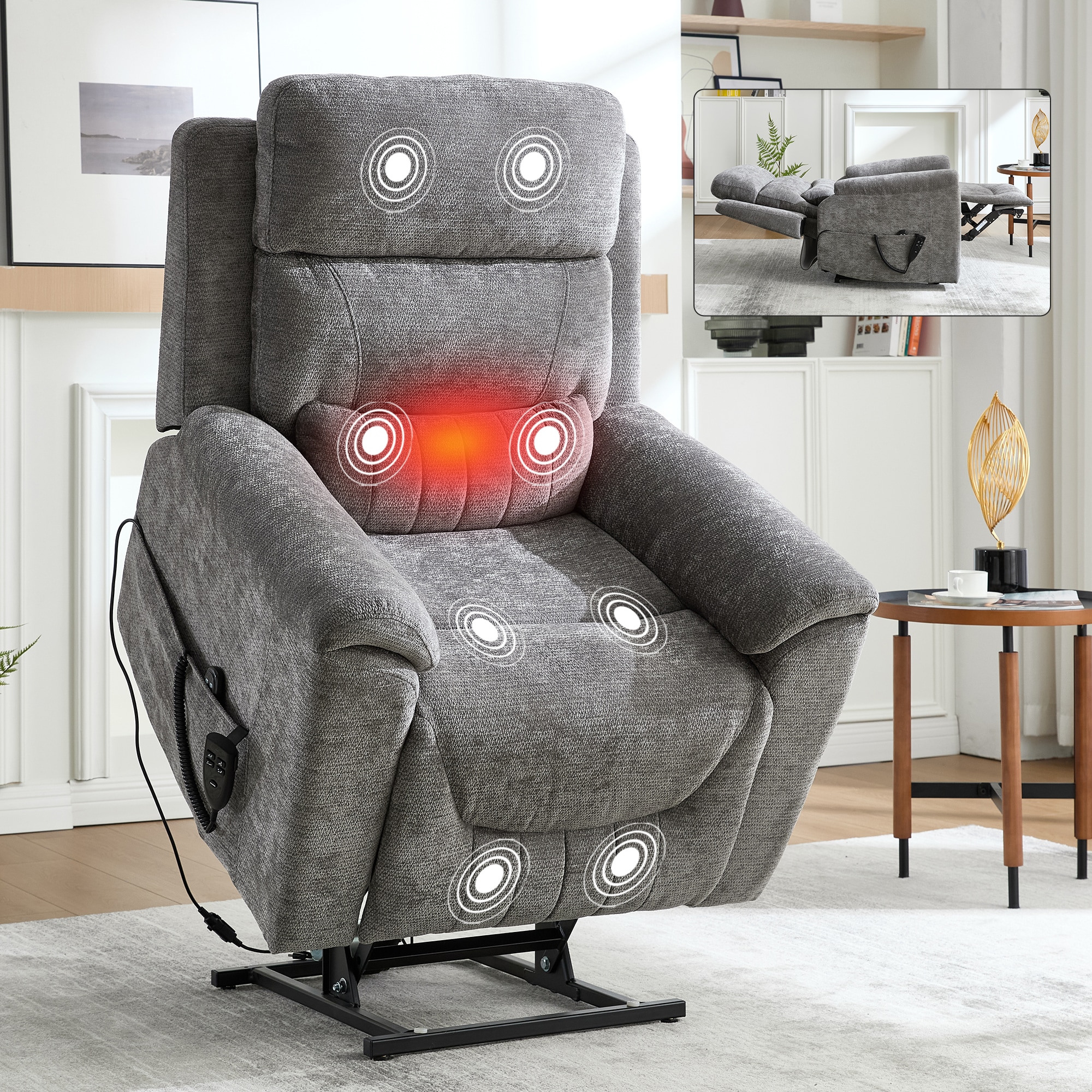 Tatayosi RY-224S00019 Dual Motor Infinite Position Up to 350 LBS Leatherair Power Lift Recliner Chair Heavy Duty Motion Mechanism with 8 Point Vibration Massage and Lumbar Heating Grey