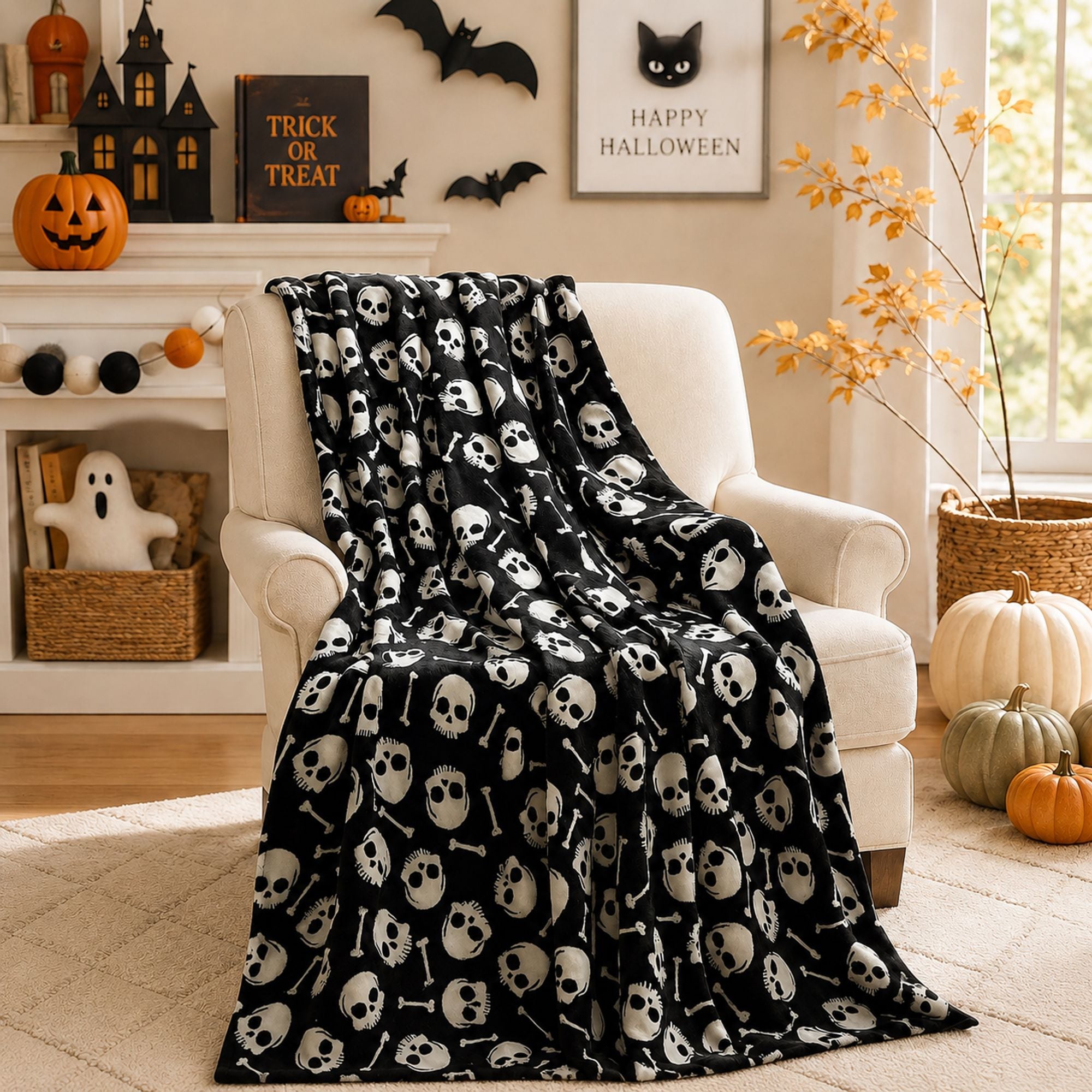 KATE AURORA Ultra Soft and Cozy Halloween Spooky Skulls and Bones Ultra Plush Throw 50 in W x 60 in L