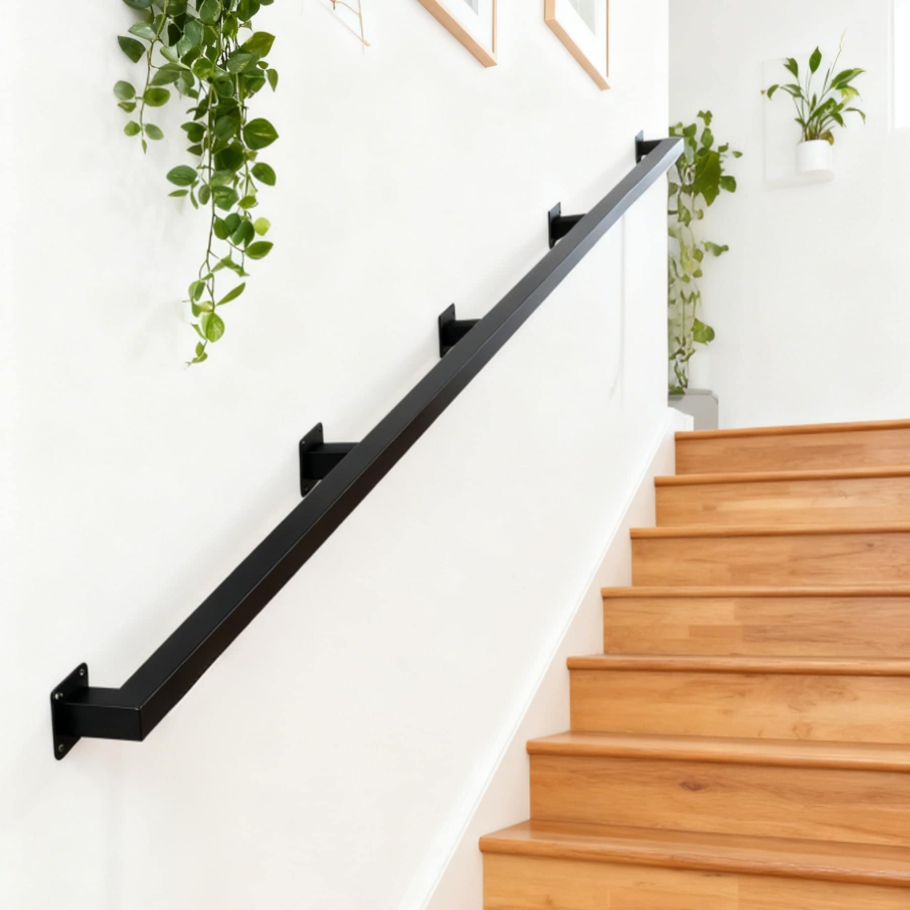 Aoibox  14 ft Black Iron Stair Railing Indoor Wall Mounted Handrail 4 Piece Set 500 lb Capacity Modern Square Tube for Stairs Hallways Bathrooms