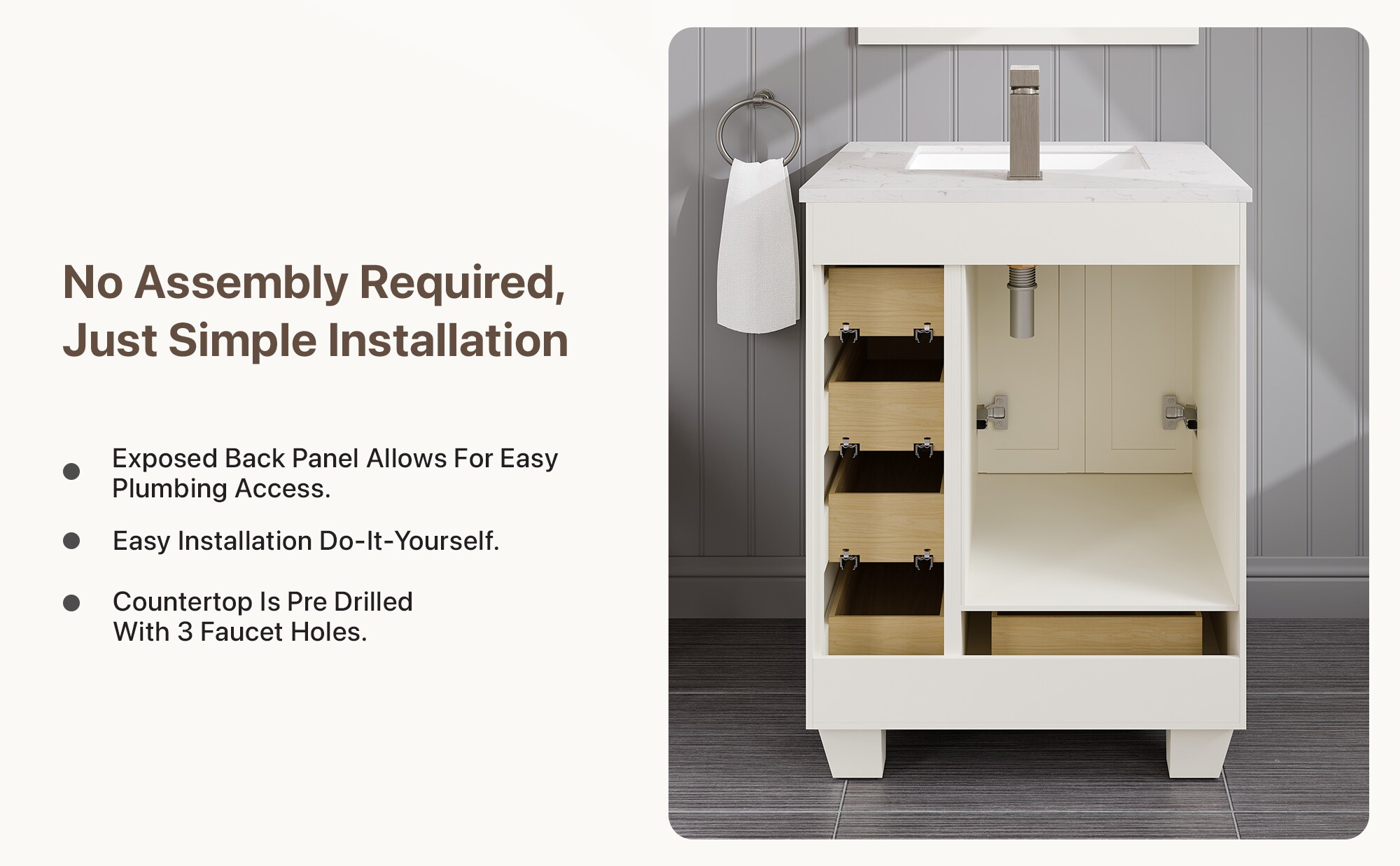 White Carrara Quartz Top Freestanding Bathroom Vanity with Porcelain Sink