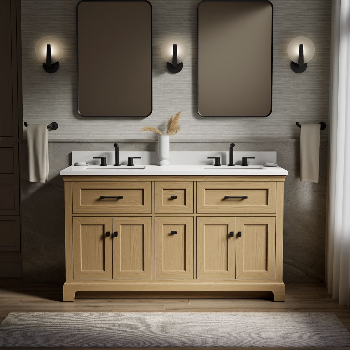 KOHLER 29263-BD1-WEK Charlemont 60-in Light Oak Undermount Double Sink Bathroom Vanity with Pure White Quartz Top
